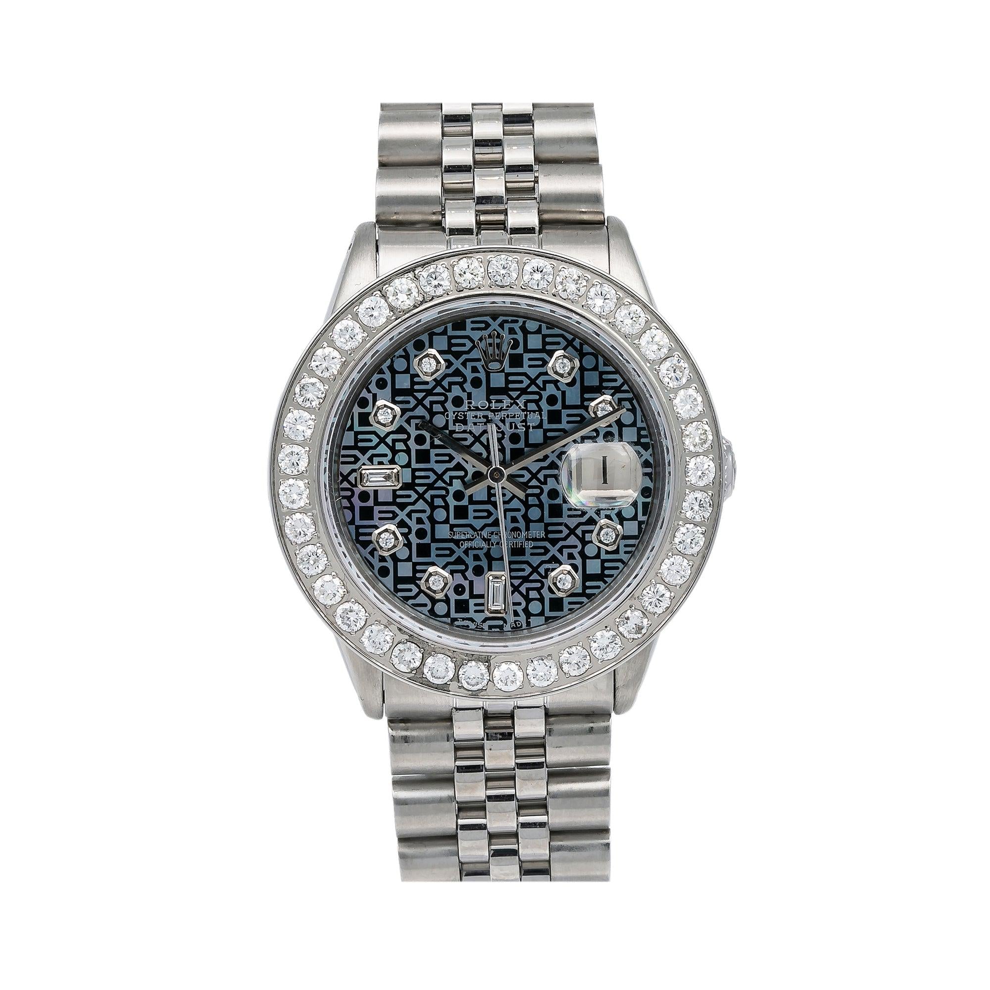 Rolex Datejust 36MM 16014 Blue Pattern Diamond Dial Diamond Bezel Stainless Steel Jubilee Bracelet