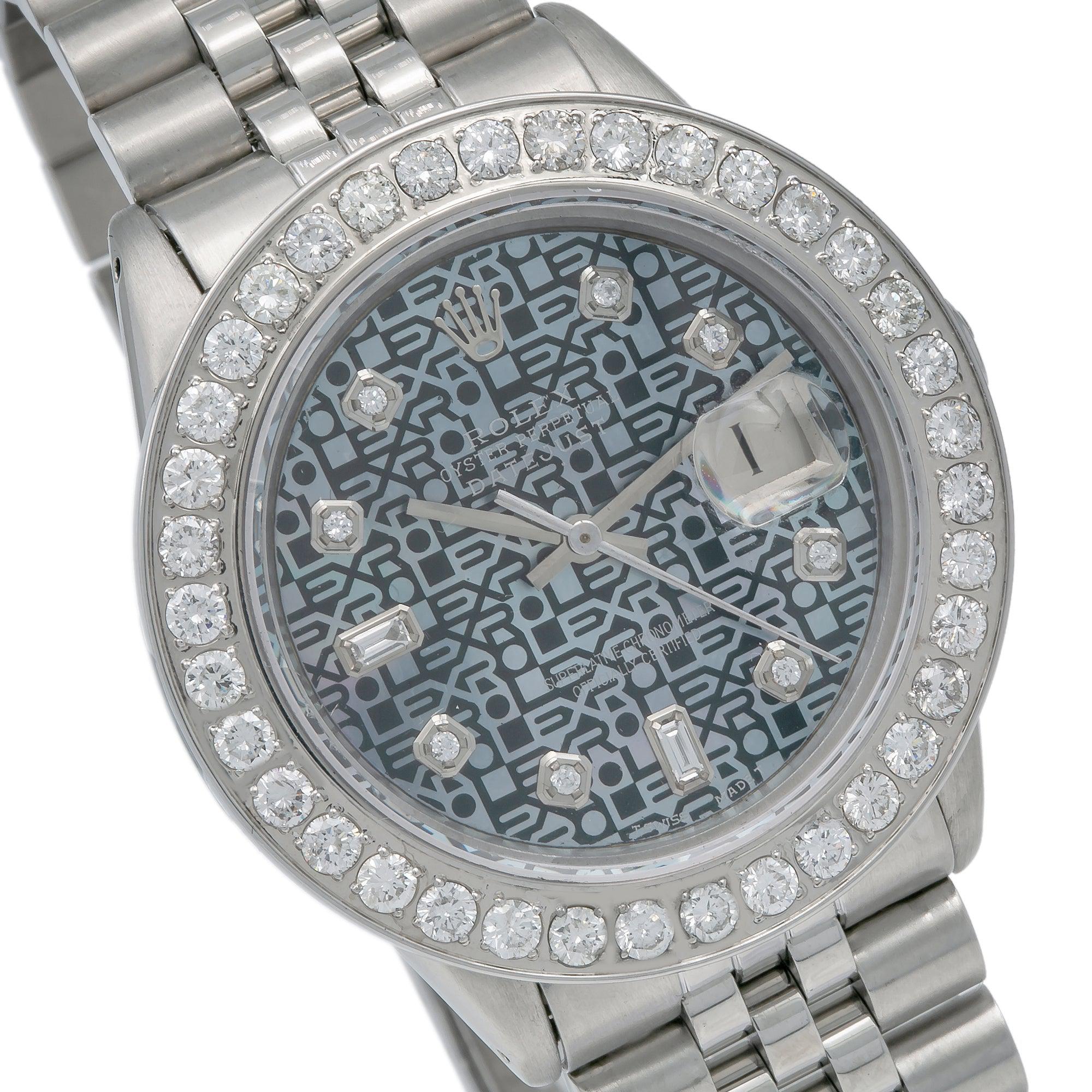 Rolex Datejust 36MM 16014 Blue Pattern Diamond Dial Diamond Bezel Stainless Steel Jubilee Bracelet