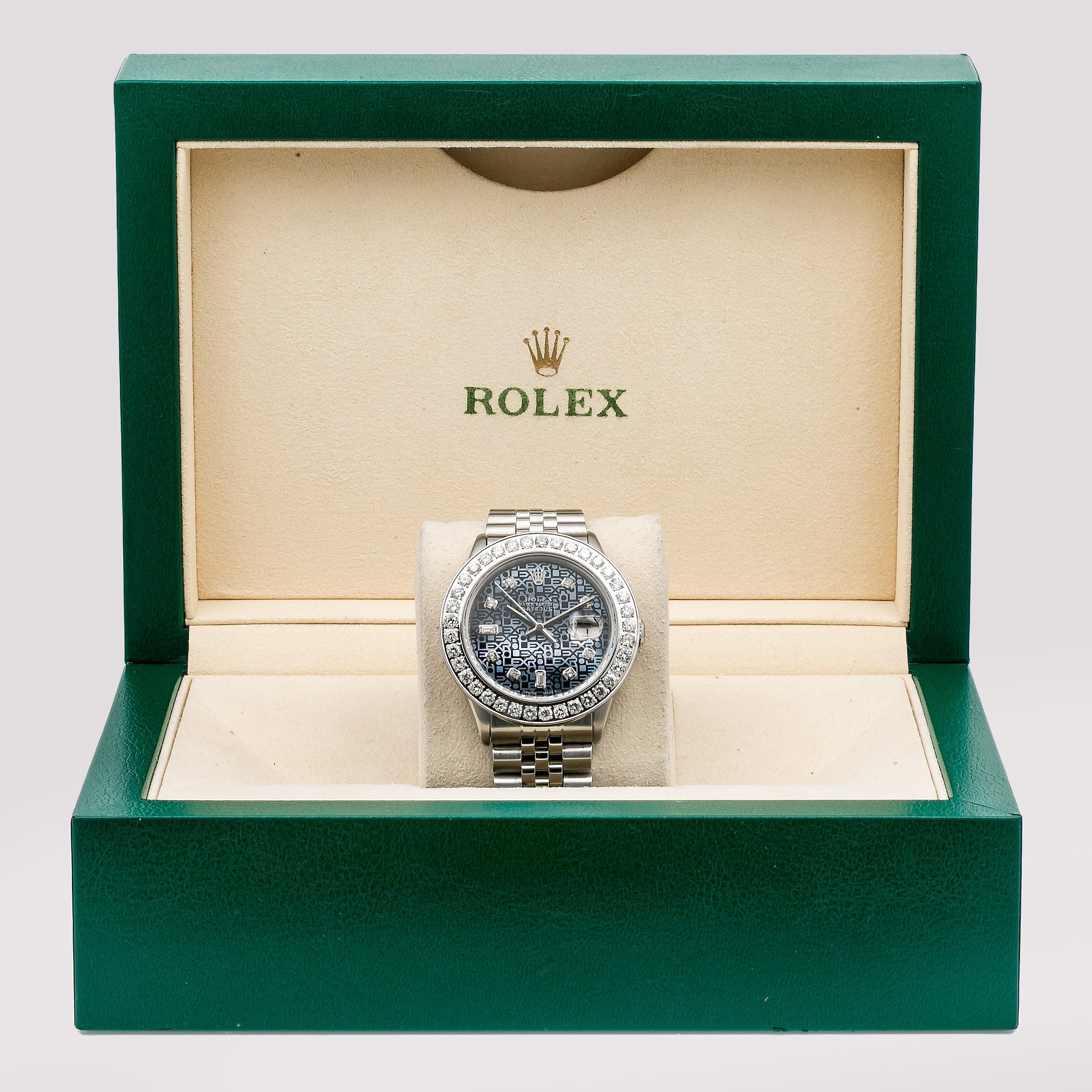 Rolex Datejust 36MM 16014 Blue Pattern Diamond Dial Diamond Bezel Stainless Steel Jubilee Bracelet