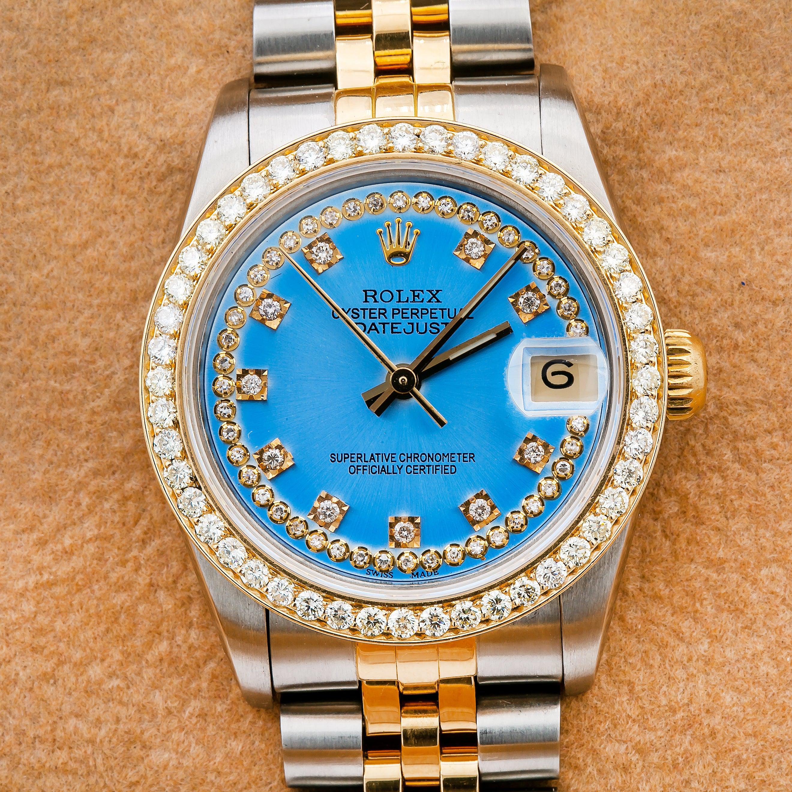 Rolex Datejust 31MM 6824 Blue Diamond Dial Diamond Bezel Two Tone Yellow Gold Jubilee Bracelet 1.05ct
