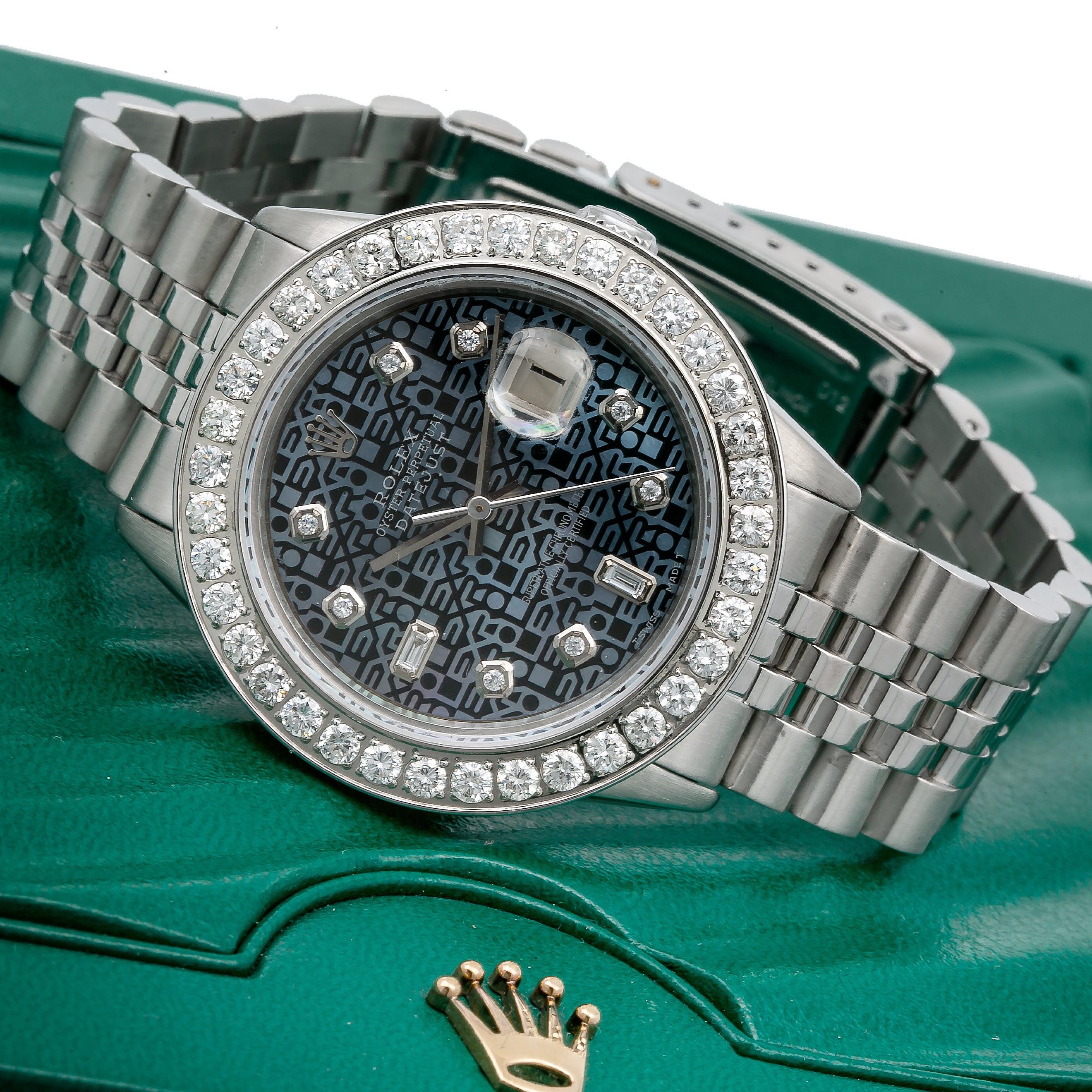 Rolex Datejust 36MM 16014 Blue Pattern Diamond Dial Diamond Bezel Stainless Steel Jubilee Bracelet