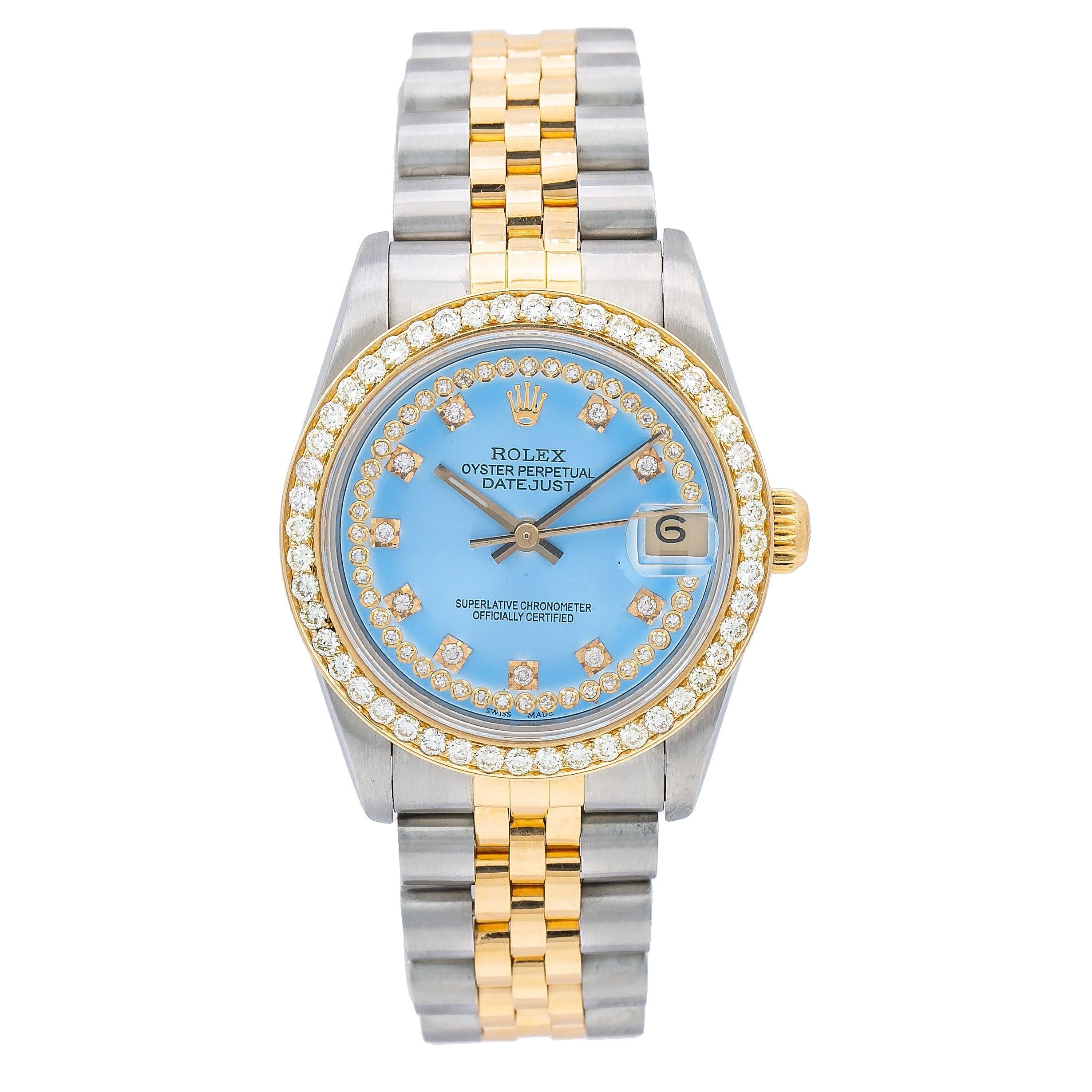 Rolex Datejust 31MM 6824 Blue Diamond Dial Diamond Bezel Two Tone Jubilee Bracelet 1.05ct