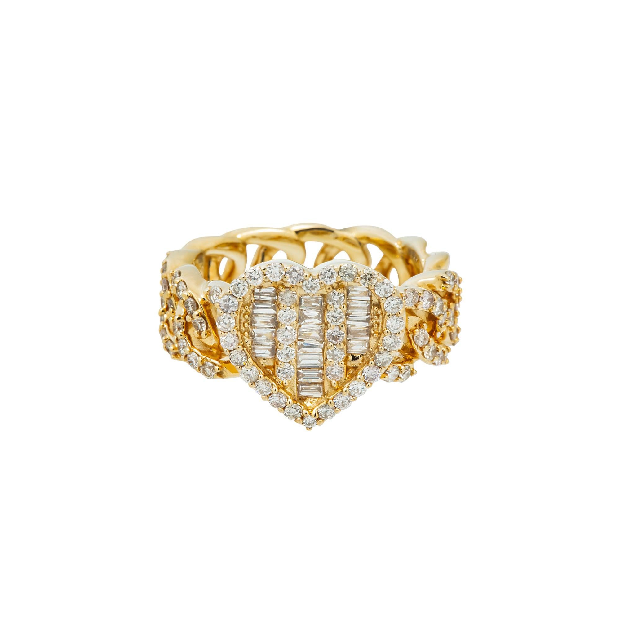 10K GOLD BAGUETTE AND ROUND DIAMOND HEART OPEN CUBAN LINK RING 1.25 CT
