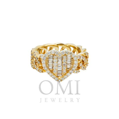 10K GOLD BAGUETTE AND ROUND DIAMOND HEART OPEN CUBAN LINK RING 1.25 CT
