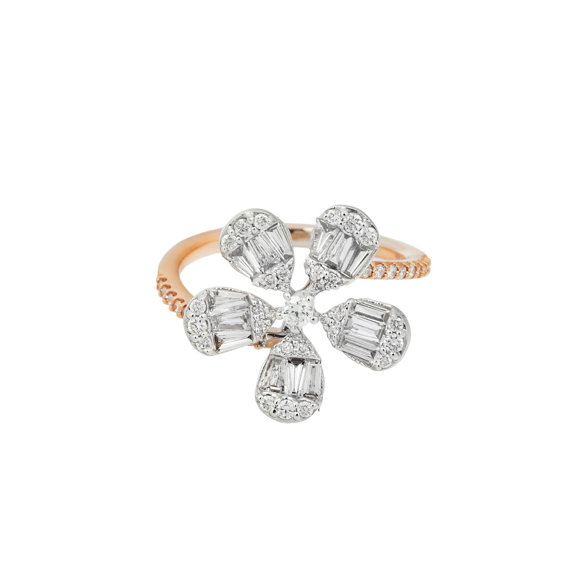 14K GOLD TWO TONE BAGUETTE AND ROUND DIAMOND FLOWER SHAPED RING 1.25 CT