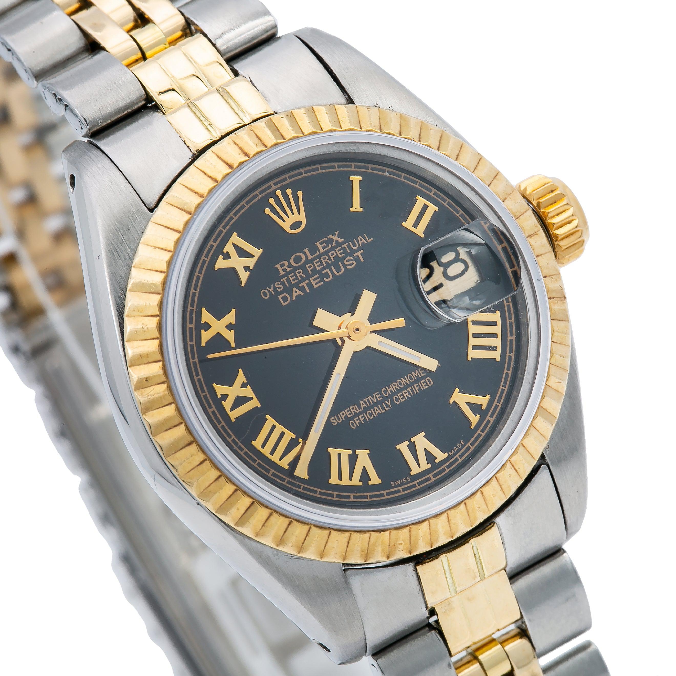 Rolex Datejust 26MM 69173 Black Roman Dial Fluted Bezel Two Tone Yellow Gold Jubilee Bracelet