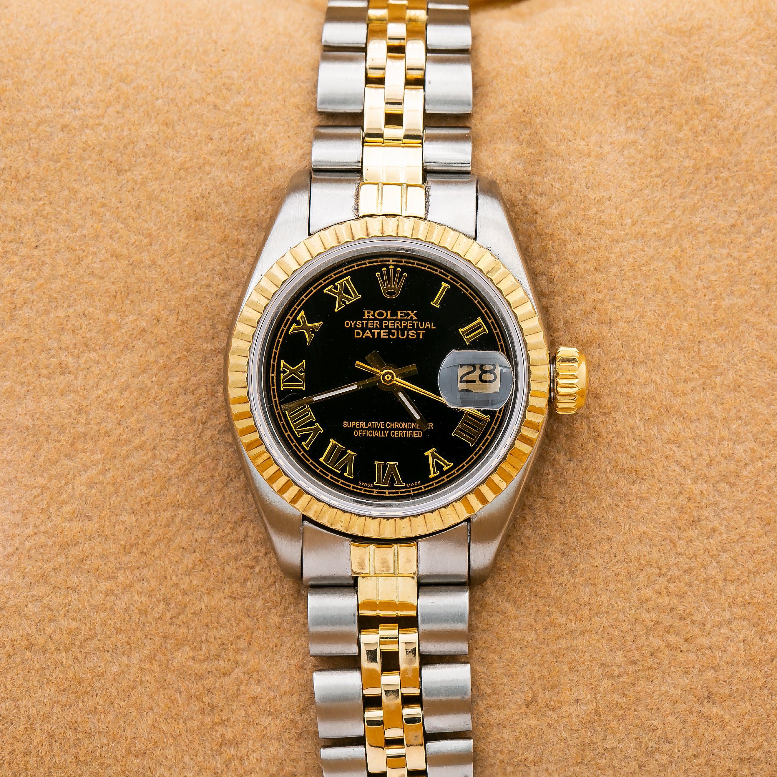 Rolex Datejust 26MM 69173 Black Roman Dial Fluted Bezel Two Tone Yellow Gold Jubilee Bracelet