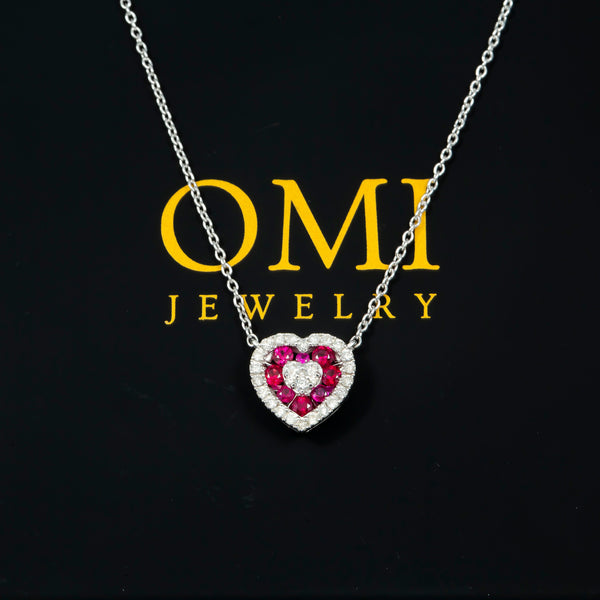 14K GOLD ROUND DIAMOND AND RUBY HEART NECKLACE 0.55 CTW OMI Jewelry
