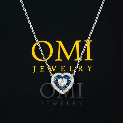 14K GOLD ROUND DIAMOND AND BLUE SAPPHIRE HEART NECKLACE 0.55 CTW