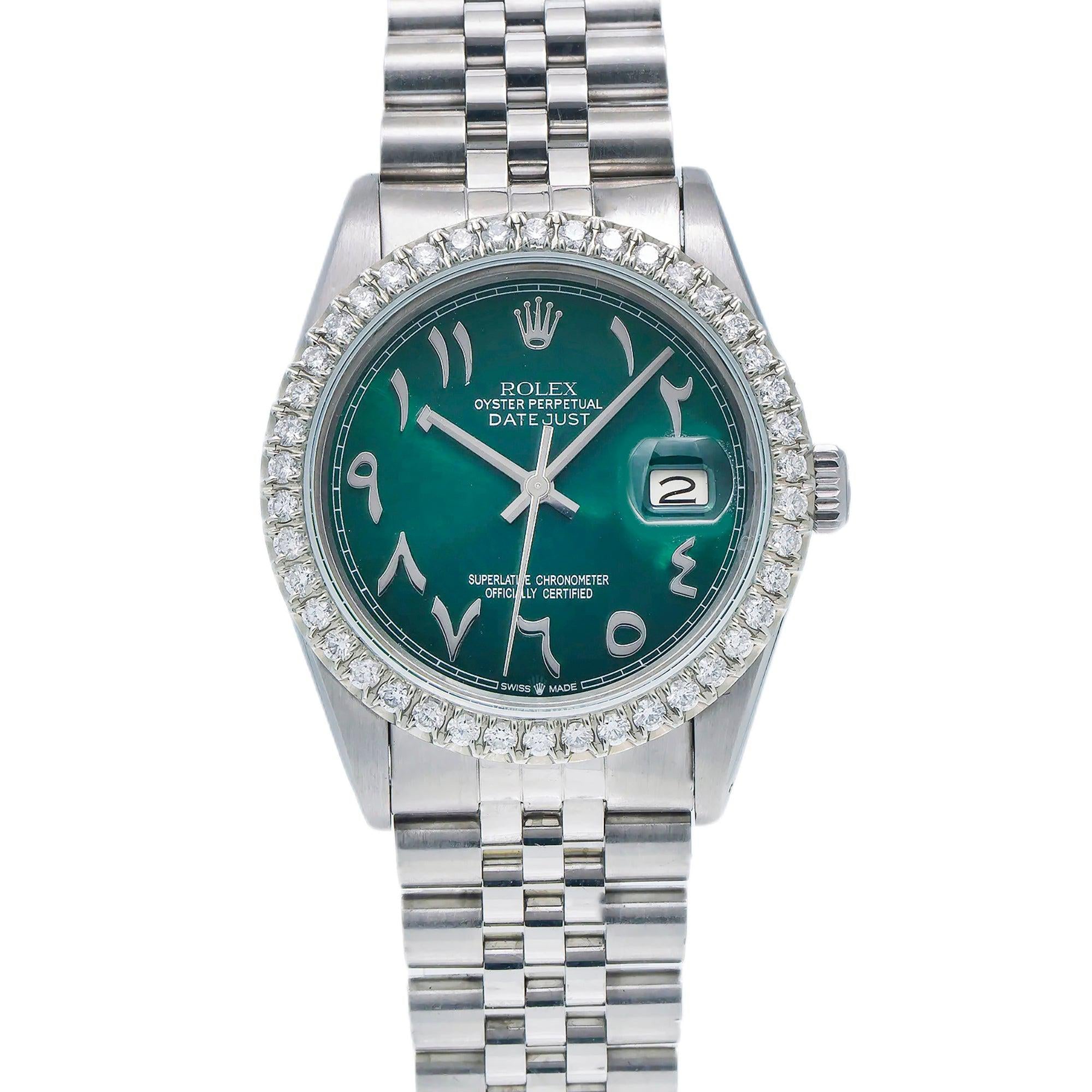 Rolex Datejust 36MM 16014 Green Eastern Arabic Dial Diamond Bezel Stainless Steel Jubilee Bracelet