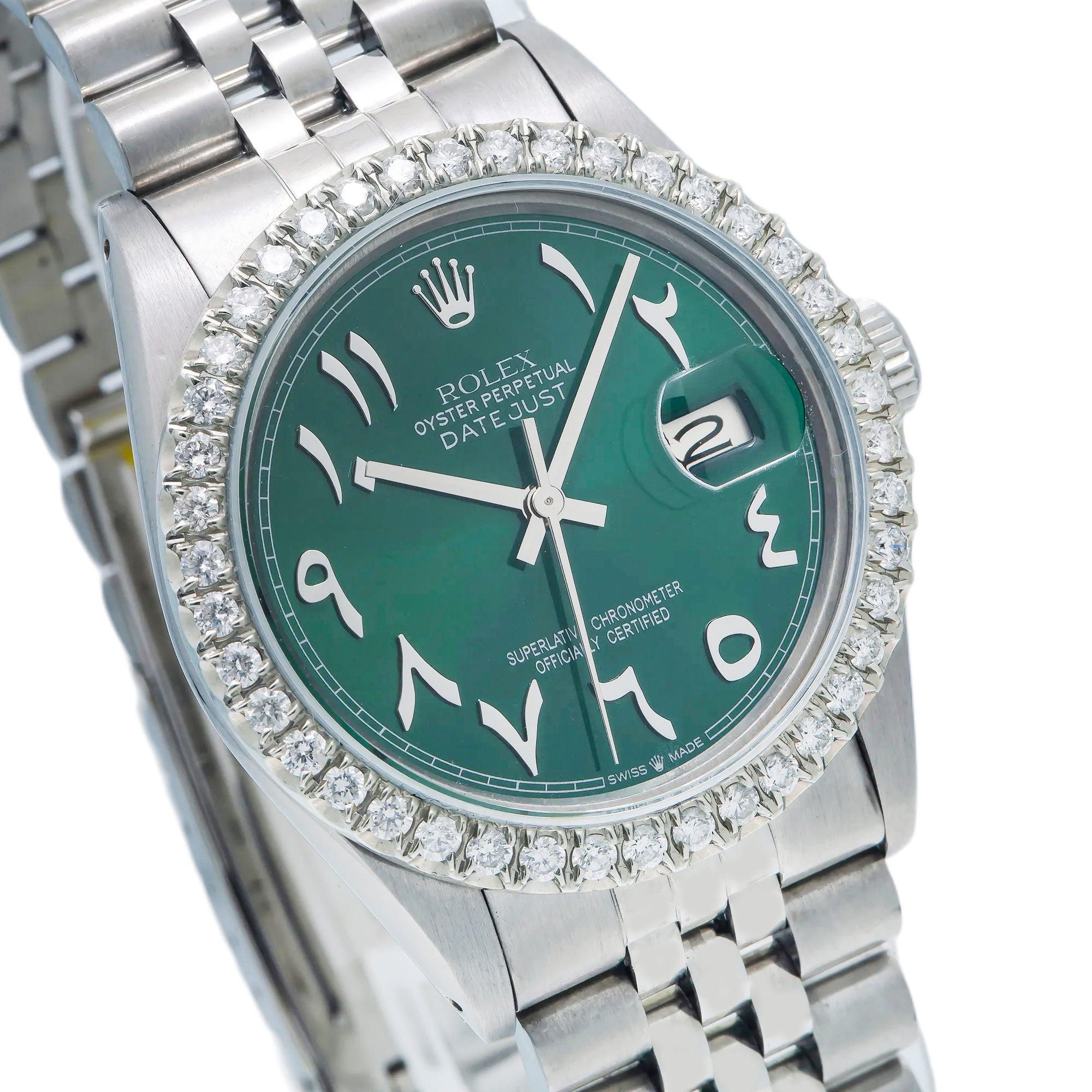 Rolex Datejust 36MM 16014 Green Eastern Arabic Dial Diamond Bezel Stainless Steel Jubilee Bracelet