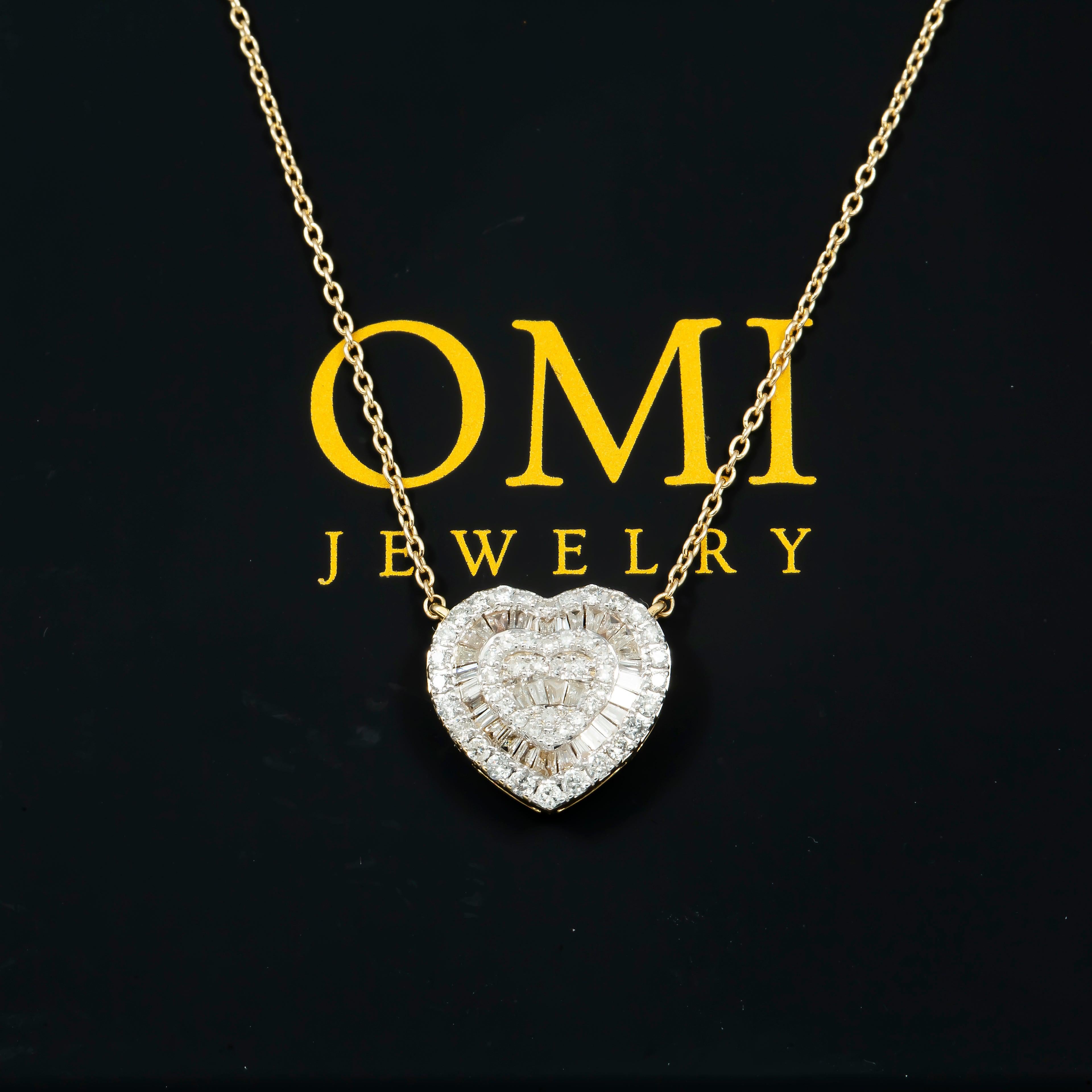 14K GOLD BAGUETTE AND ROUND DIAMOND HEART NECKLACE 0.63 CT