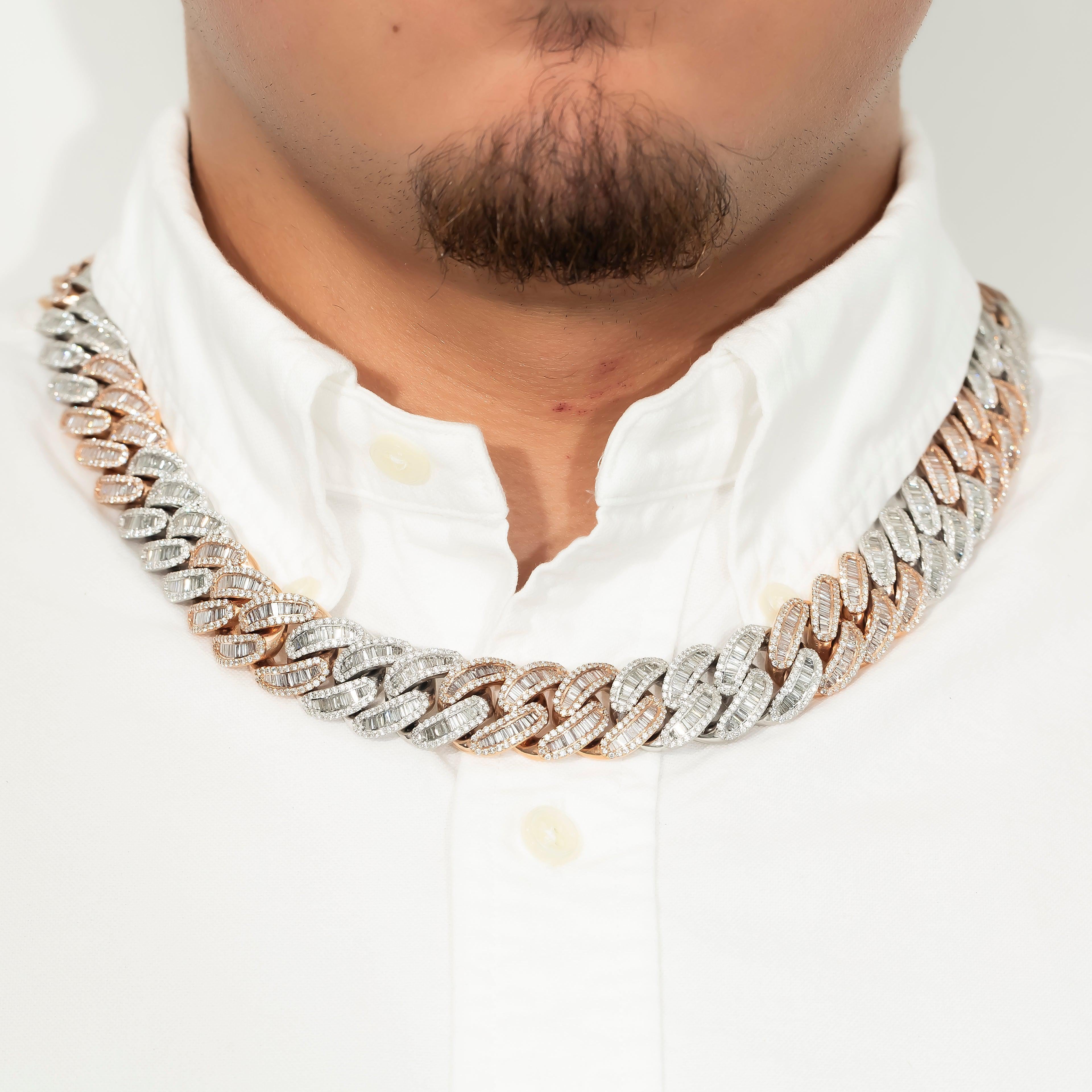 10K GOLD TWO TONE BAGUETTE DIAMOND 18MM CUBAN LINK CHAIN 42.27 CT