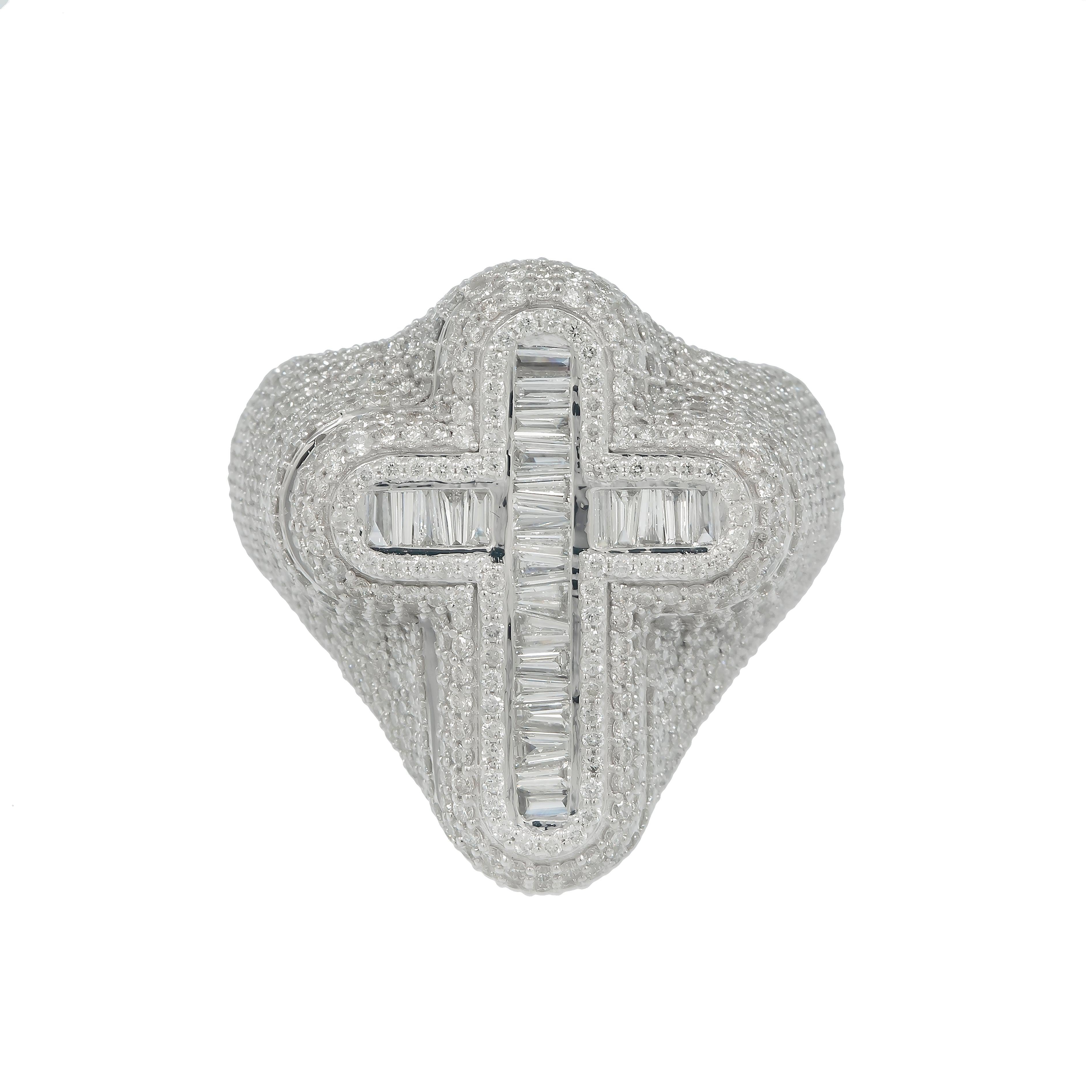 10K GOLD BAGUETTE AND ROUND DIAMOND CROSS RING 3.96 CT