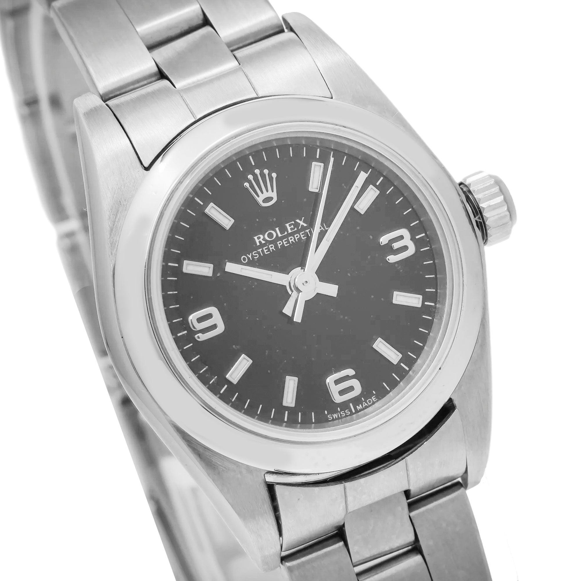 Rolex Oyster Perpetual 26MM 76094 Black Arabic Dial Smooth Bezel Stainless Steel Oyster Bracelet