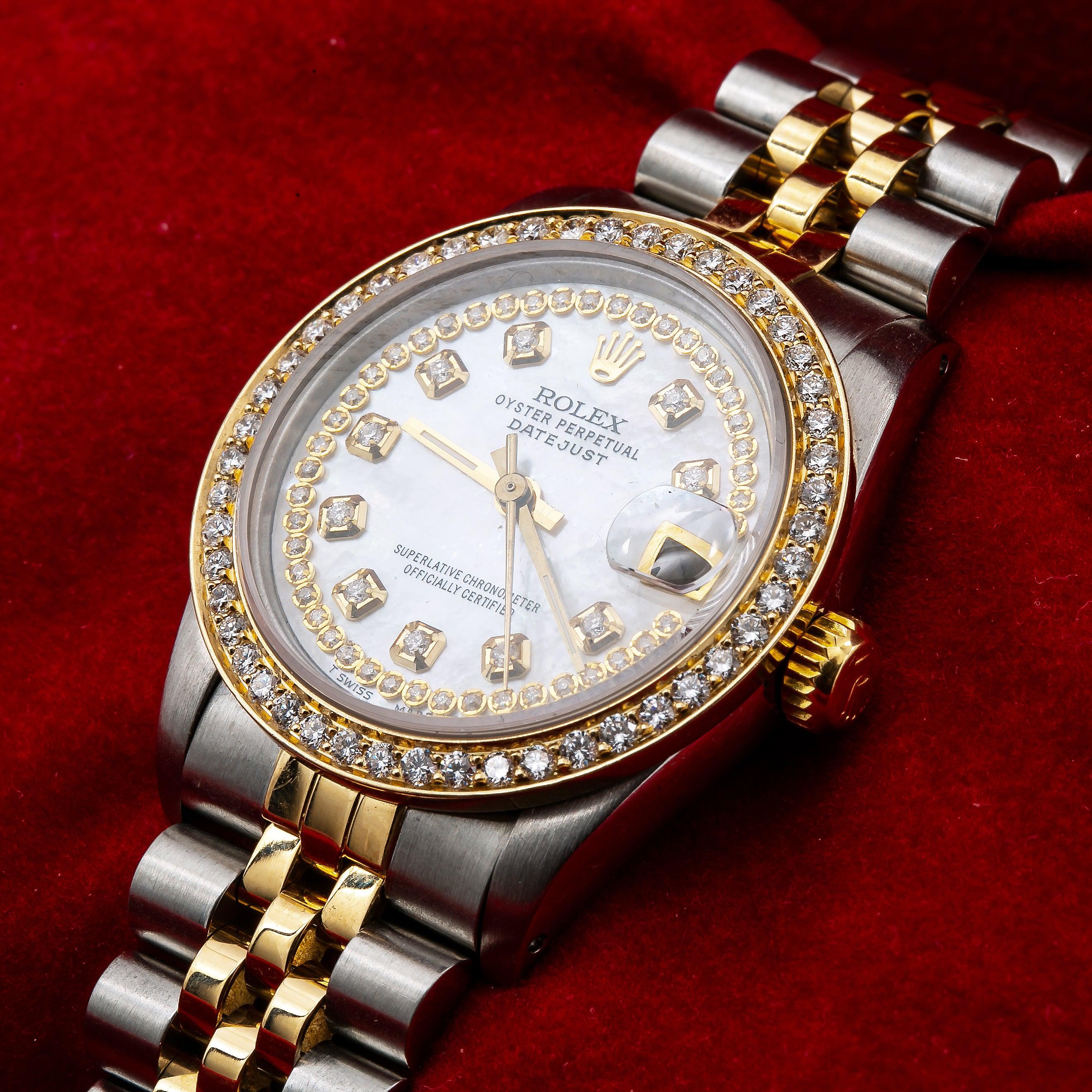 Rolex Datejust 31MM 6824 White Mother of Pearl Diamond Dial Diamond Bezel Two Tone Yellow Gold Jubilee Bracelet