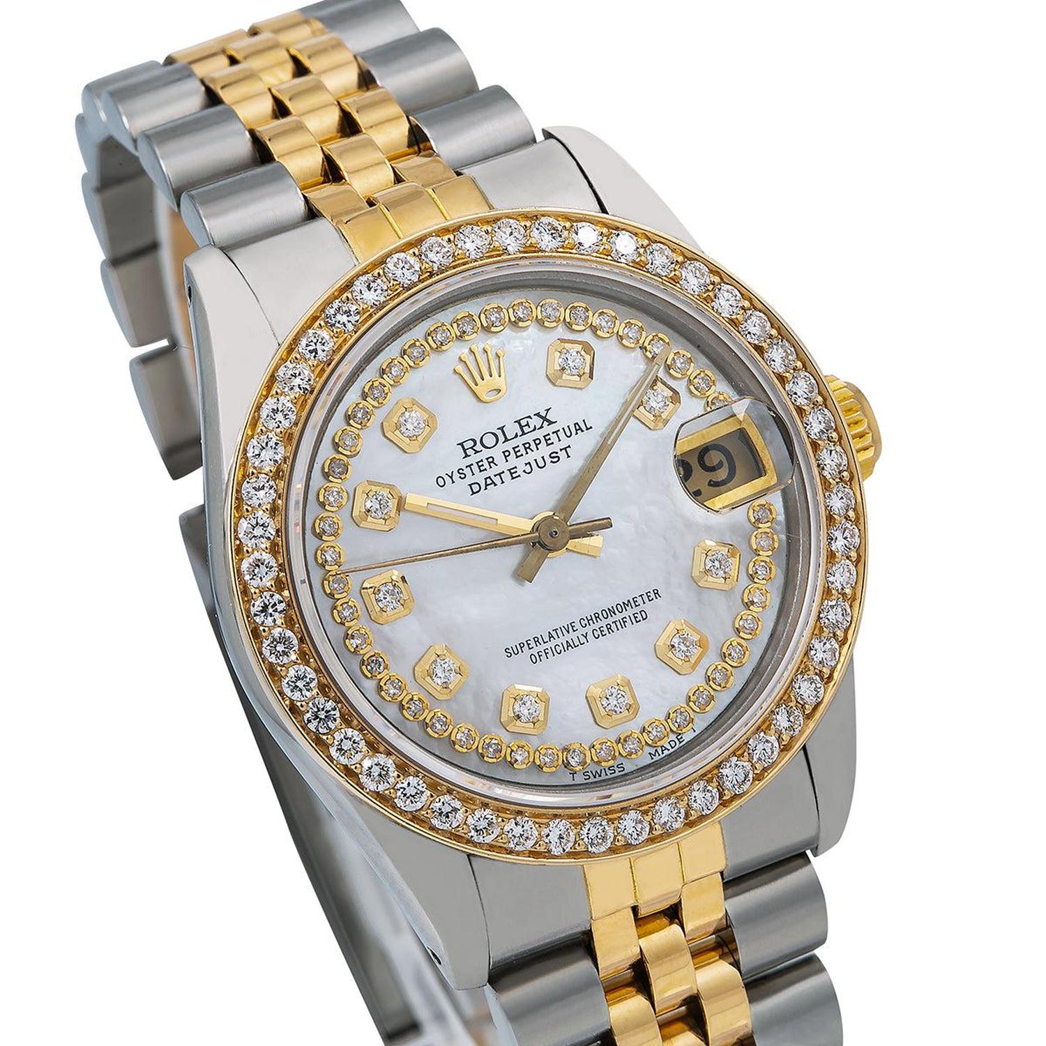 Rolex Datejust 31MM 6824 White Mother of Pearl Diamond Dial Diamond Bezel Two Tone Yellow Gold Jubilee Bracelet