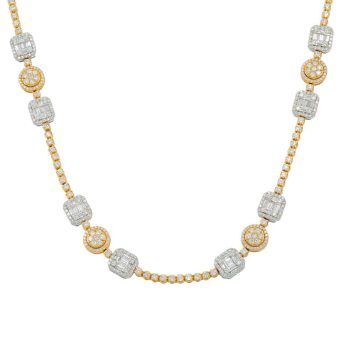 10K GOLD TWO TONE BAGUETTE AND ROUND CLUSTER DIAMOND SQUARE AND CIRCLE SHAPED CHAIN 11.69 CT