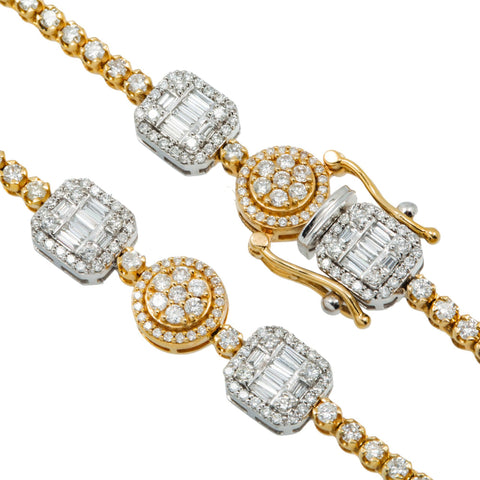 10K GOLD TWO TONE BAGUETTE AND ROUND CLUSTER DIAMOND SQUARE AND CIRCLE SHAPED CHAIN 11.69 CT