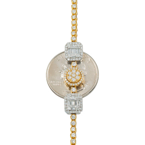 10K GOLD TWO TONE BAGUETTE AND ROUND CLUSTER DIAMOND SQUARE AND CIRCLE SHAPED CHAIN 11.69 CT