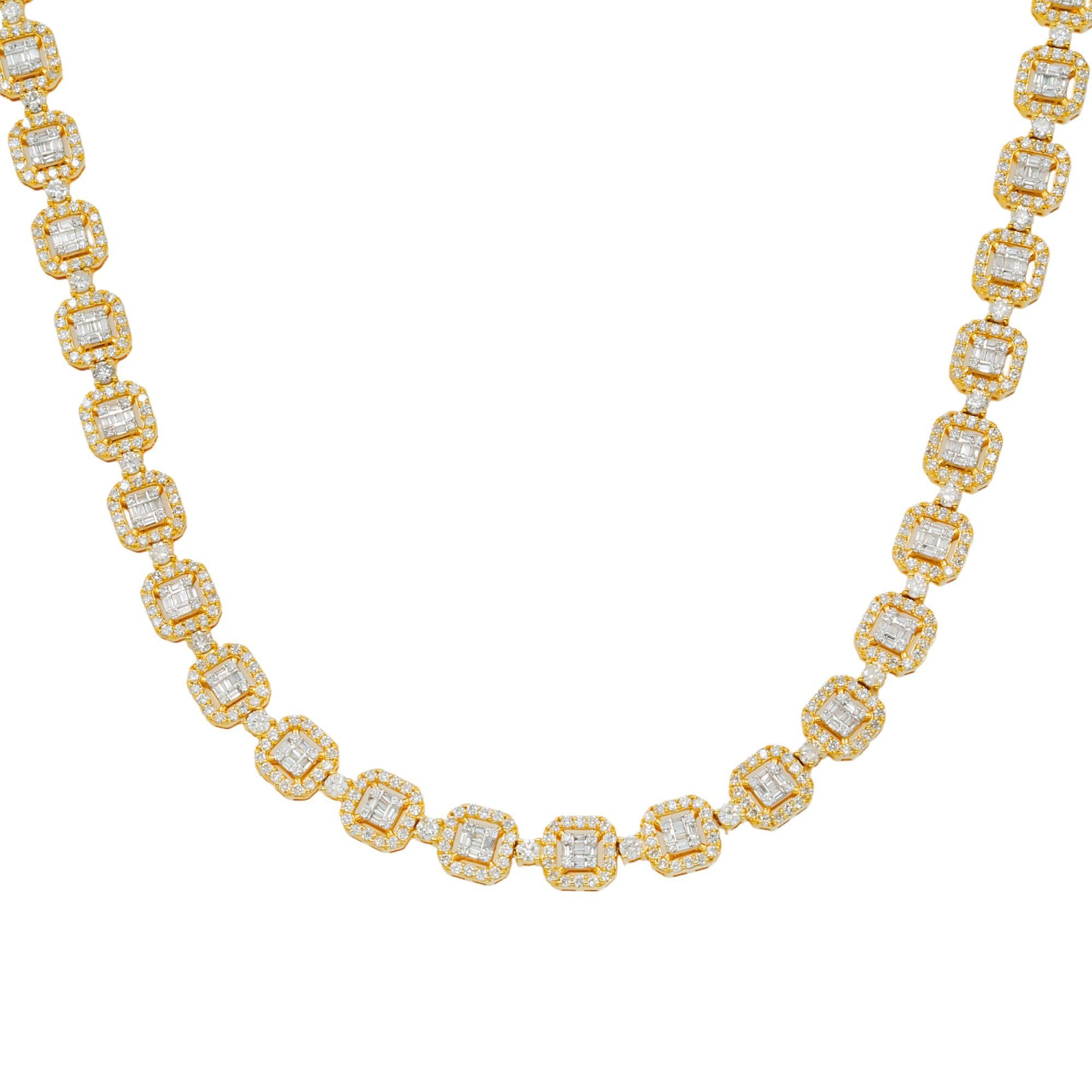 10K GOLD BAGUETTE AND ROUND CLUSTER DIAMOND SQUARE SHAPED CHAIN 12 CT