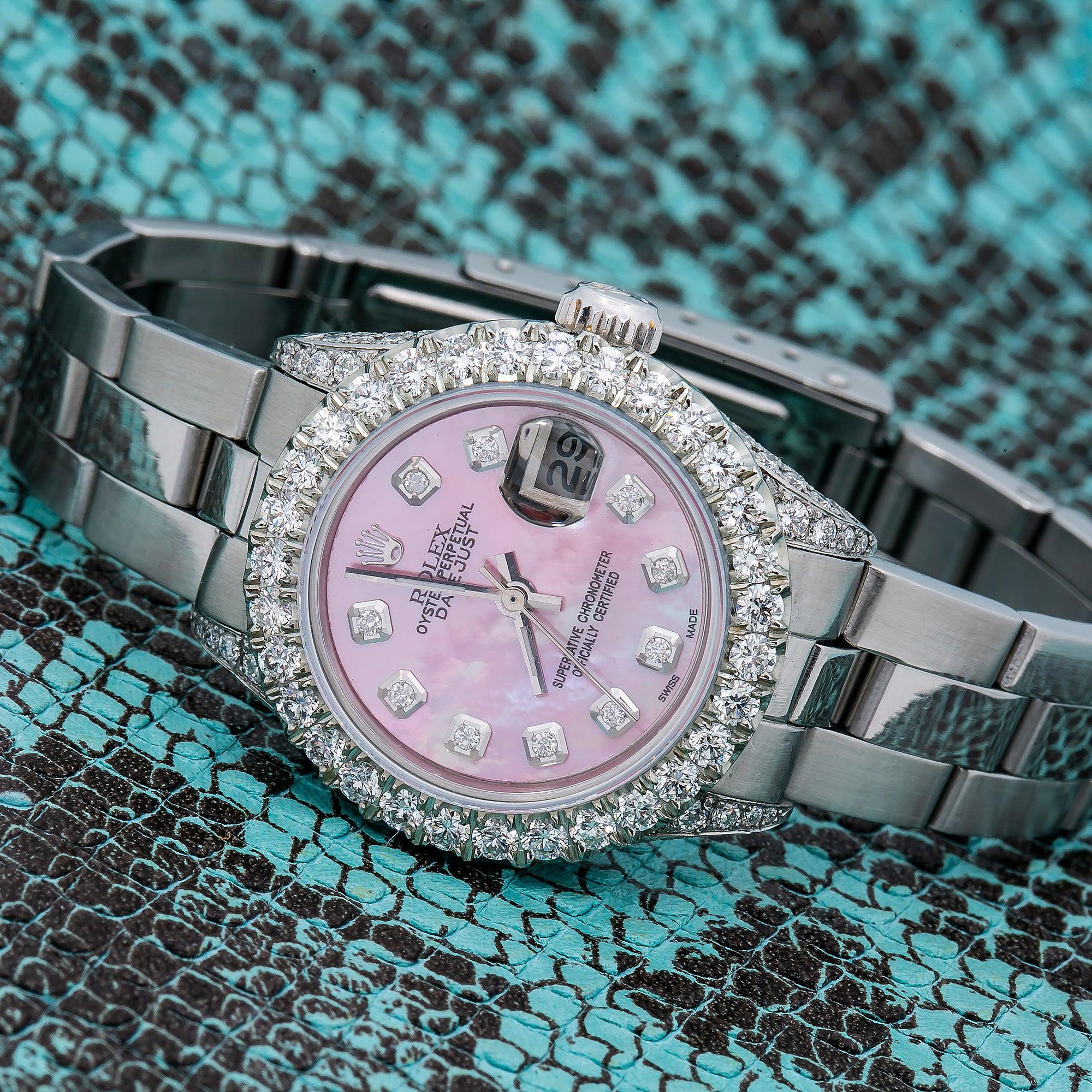 Rolex Datejust 26MM 69160 Pink Mother of Pearl Diamond Dial Diamond Bezel Stainless Steel Oyster Bracelet