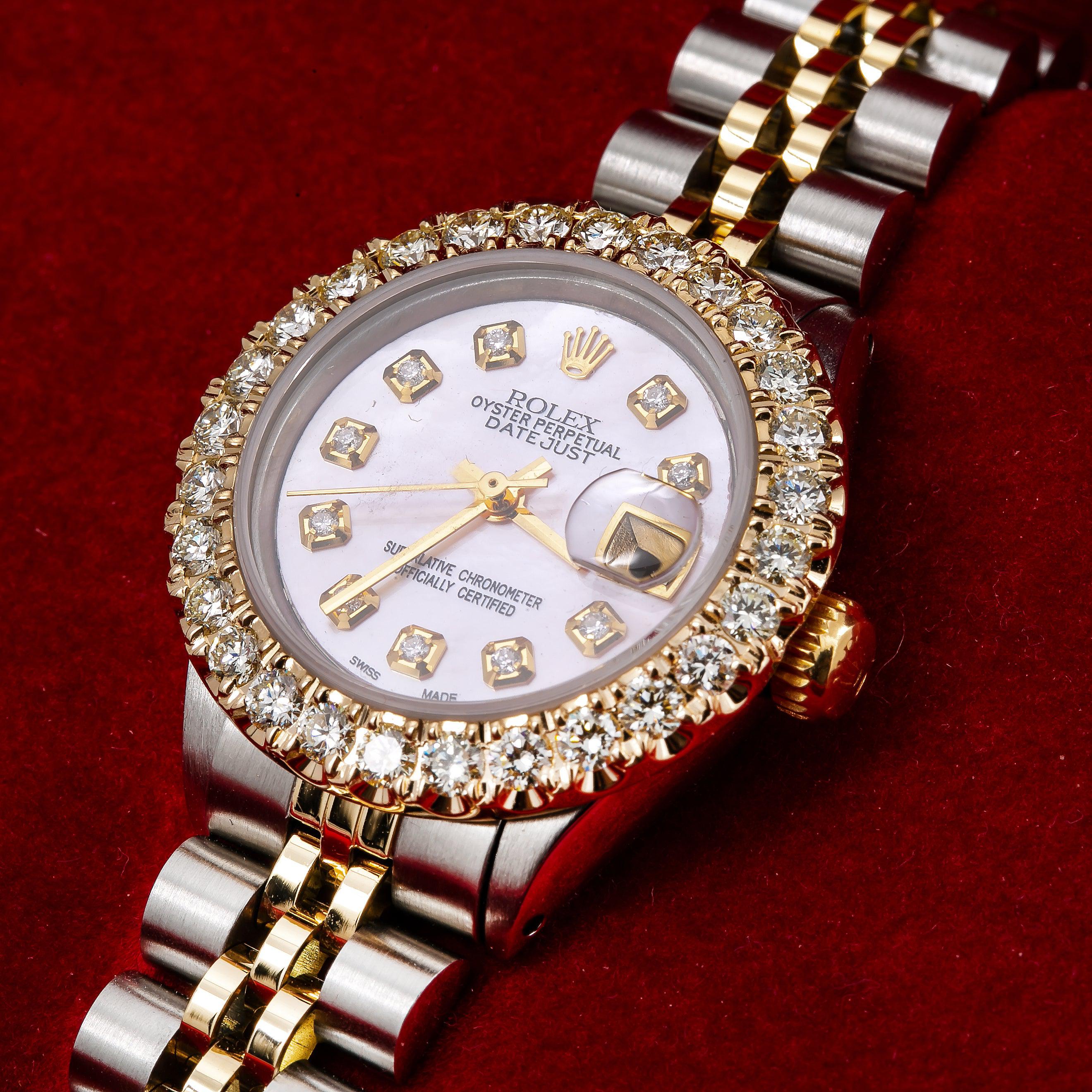 Rolex Datejust 26MM 69173 Pink Mother of Pearl Diamond Dial Diamond Bezel Two Tone Yellow Gold Jubilee Bracelet
