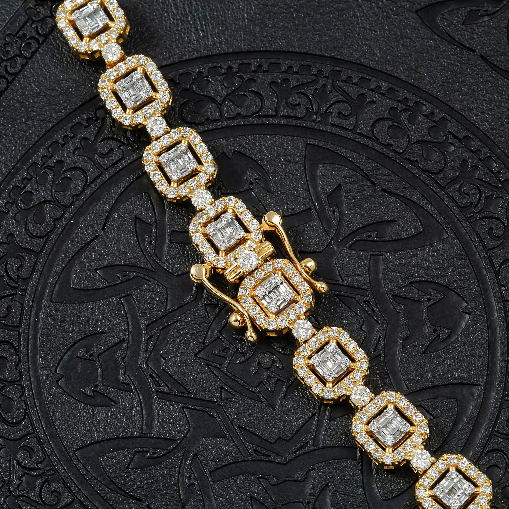 10K GOLD BAGUETTE AND ROUND CLUSTER DIAMOND SQUARE SHAPED CHAIN 12 CT