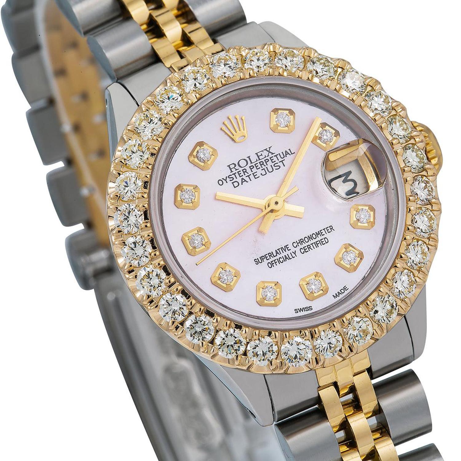 Rolex Datejust 26MM 69173 Pink Mother of Pearl Diamond Dial Diamond Bezel Two Tone Yellow Gold Jubilee Bracelet