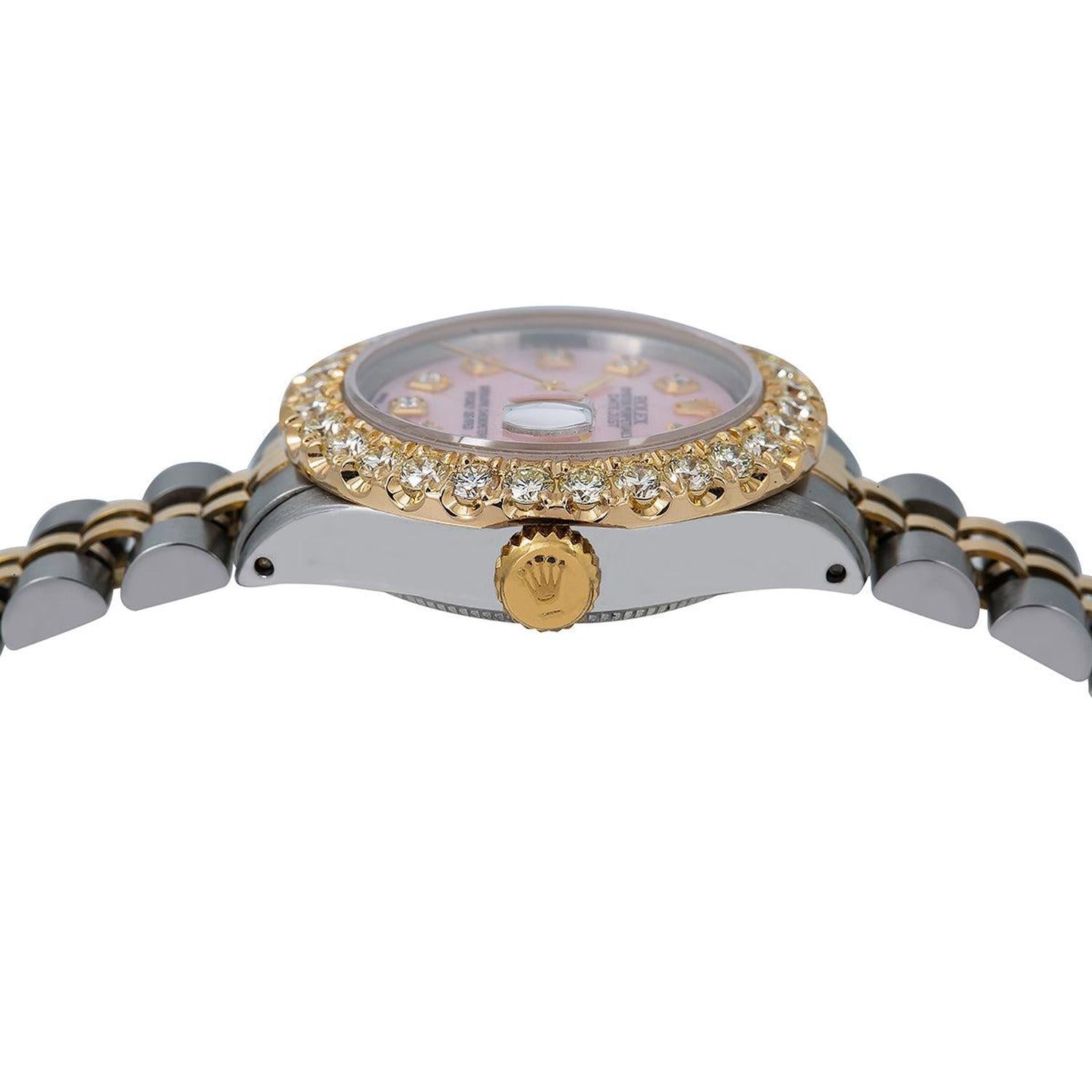 Rolex Datejust 26MM 69173 Pink Mother of Pearl Diamond Dial Diamond Bezel Two Tone Yellow Gold Jubilee Bracelet