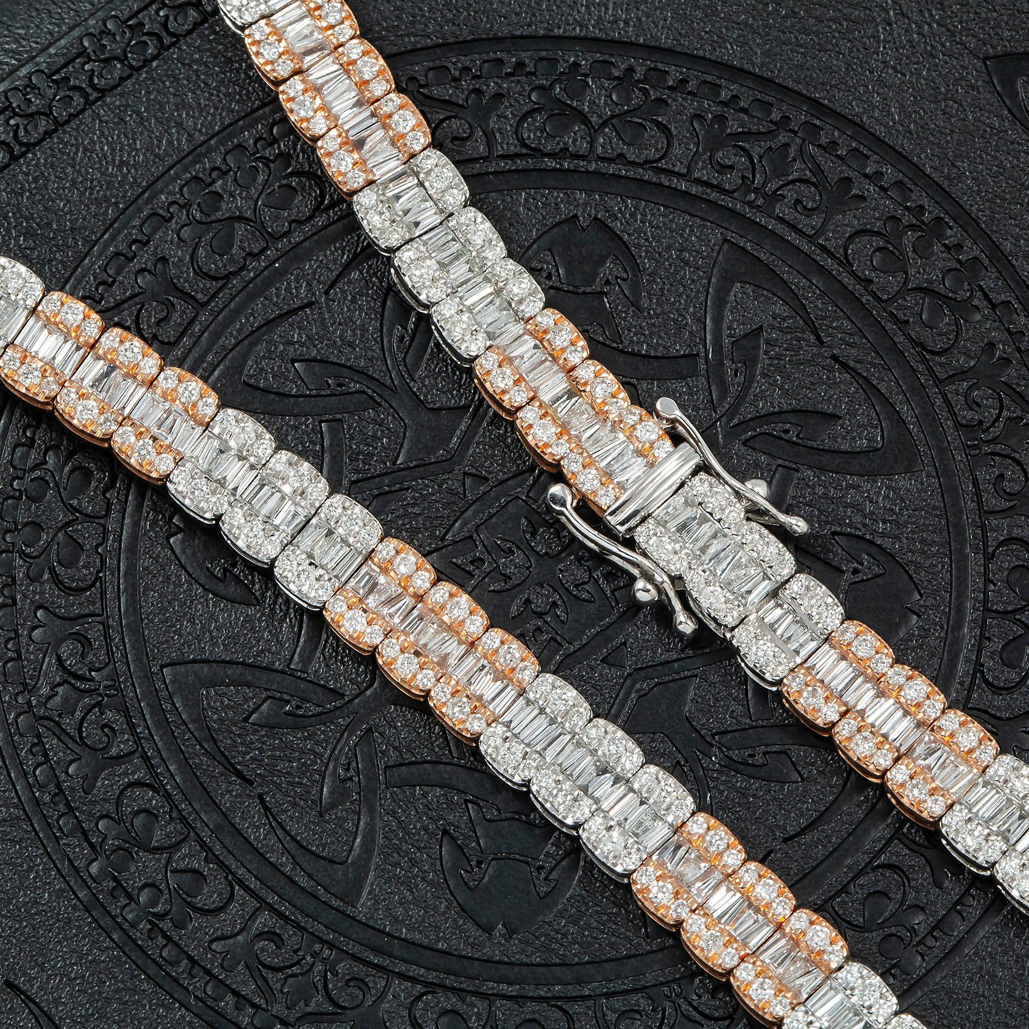 10K GOLD TRICOLOR 7MM BAGUETTE AND ROUND DIAMOND CHAIN 17.12 CT