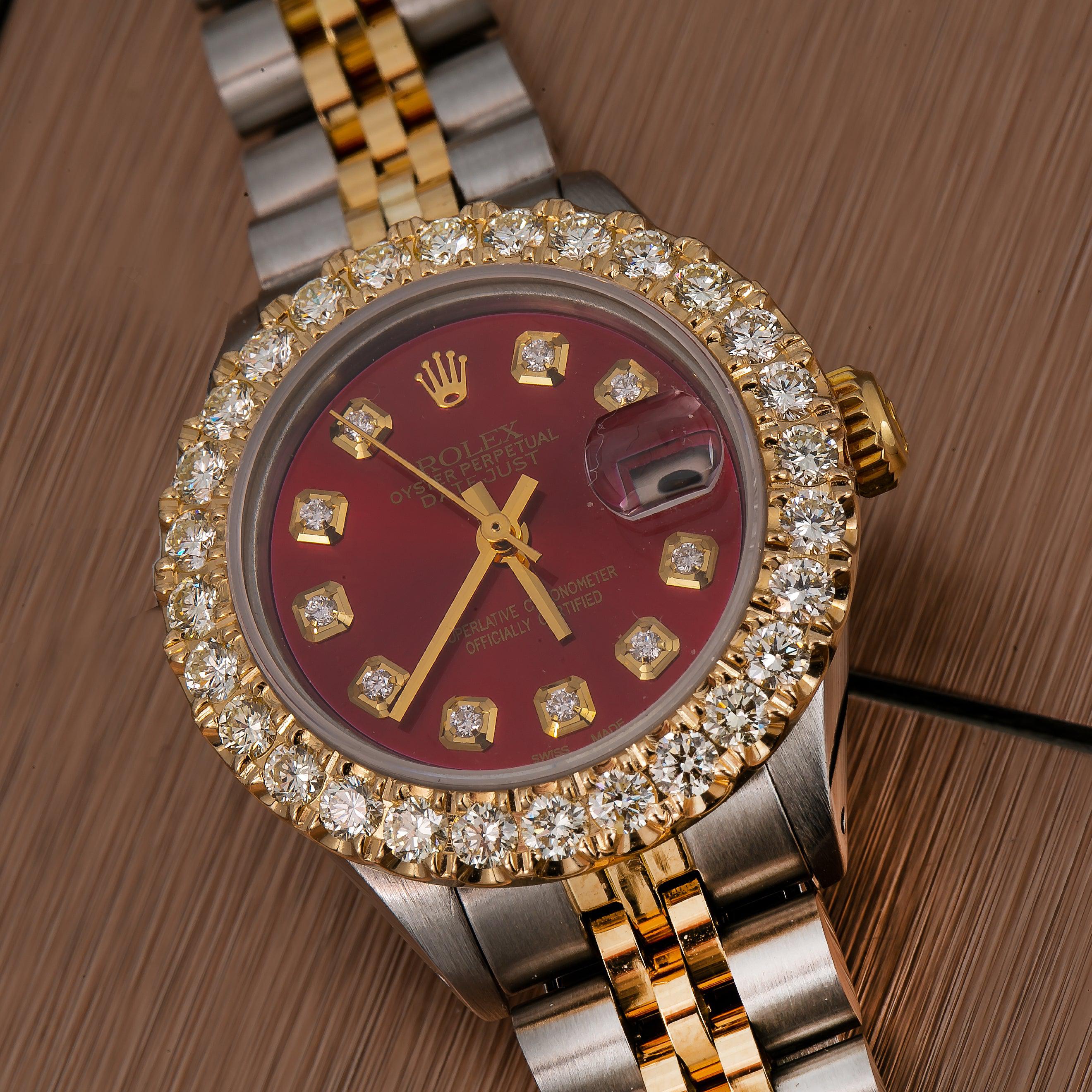 Rolex Datejust 26MM 69173 Red Diamond Dial Diamond Bezel Two Tone Yellow Gold Jubilee Bracelet