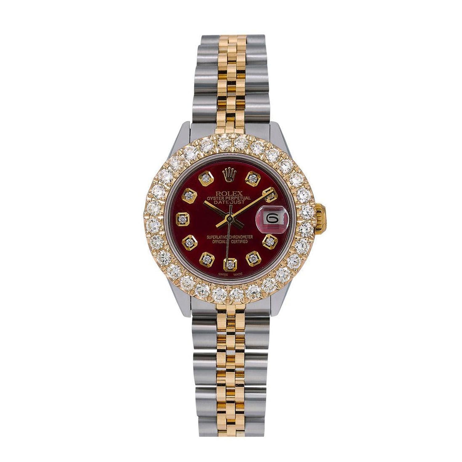 Rolex Datejust 26MM 69173 Red Diamond Dial Diamond Bezel Two Tone Jubilee Bracelet