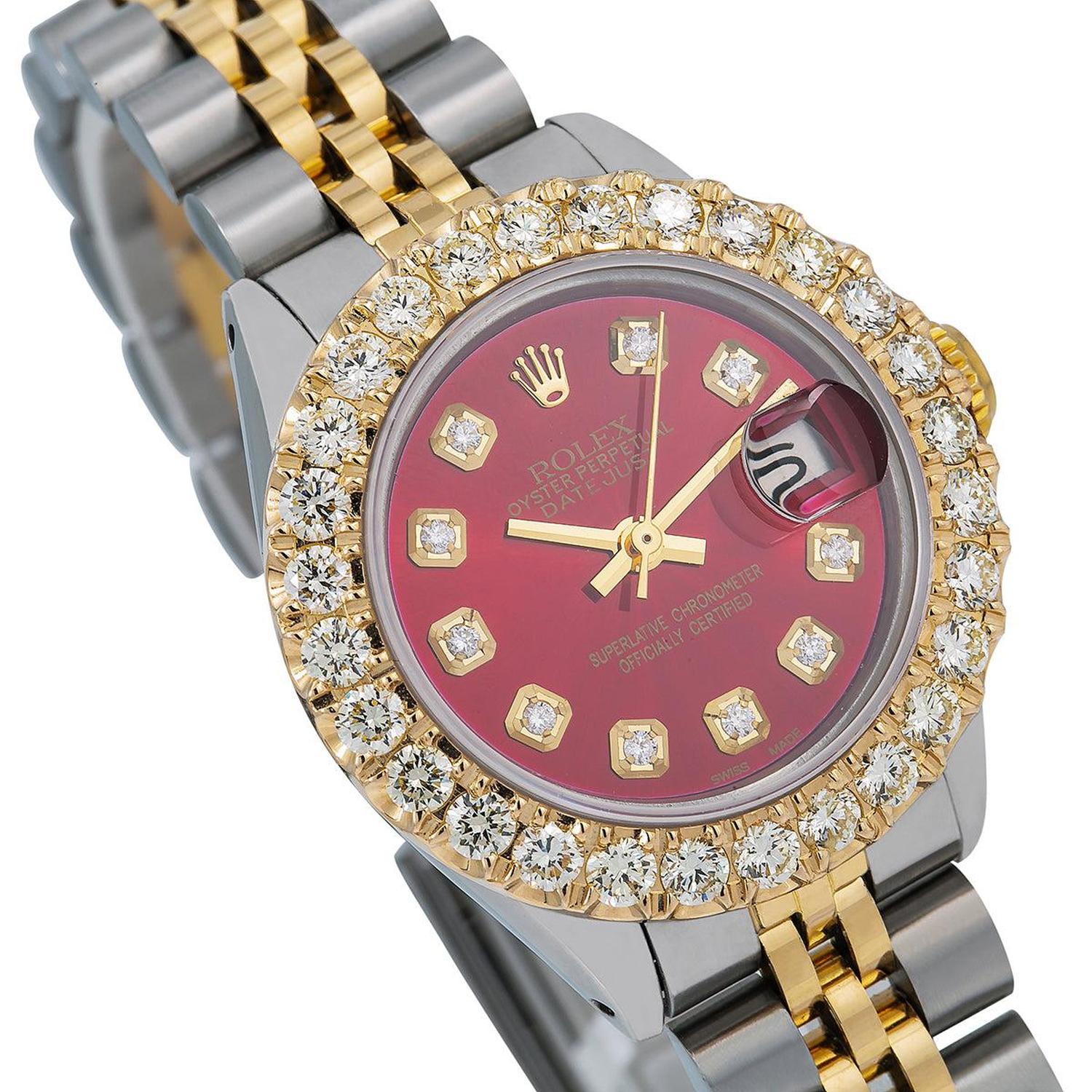 Rolex Datejust 26MM 69173 Red Diamond Dial Diamond Bezel Two Tone Yellow Gold Jubilee Bracelet