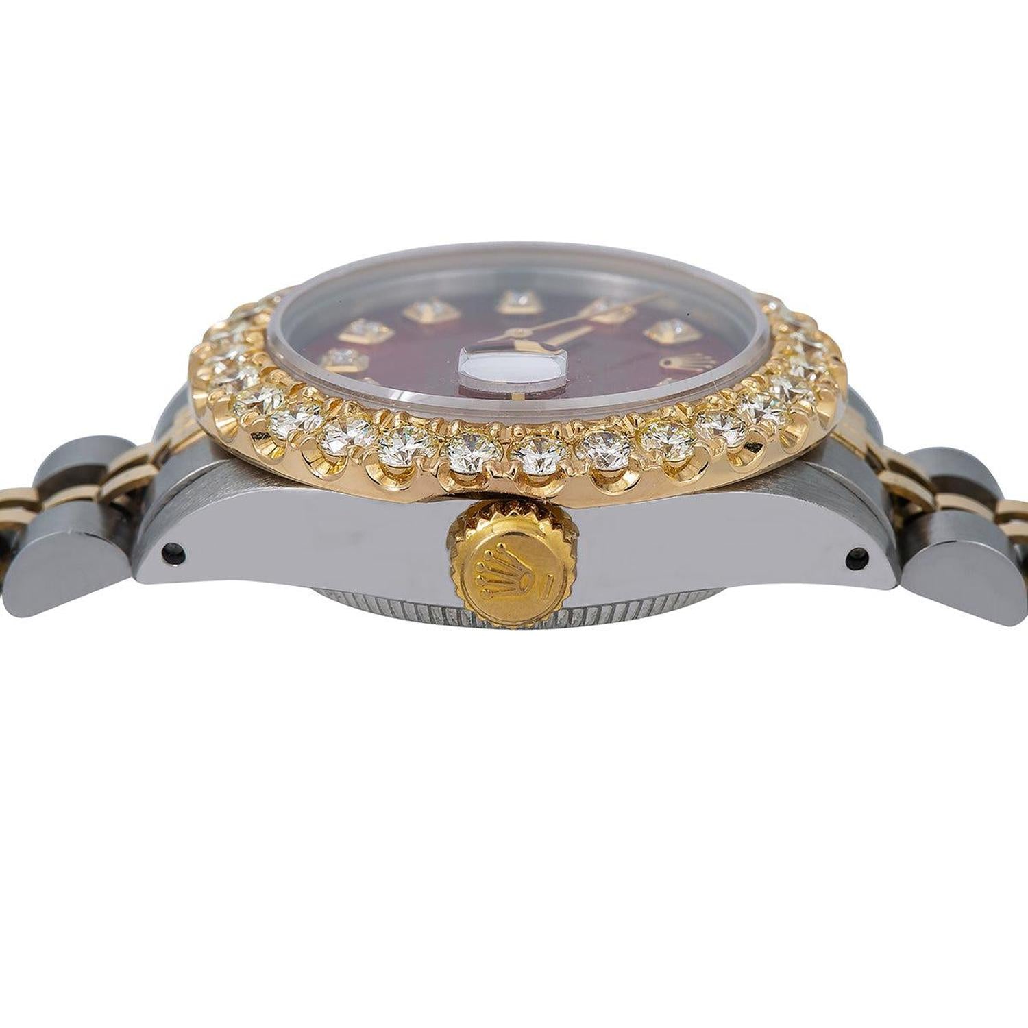 Rolex Datejust 26MM 69173 Red Diamond Dial Diamond Bezel Two Tone Yellow Gold Jubilee Bracelet