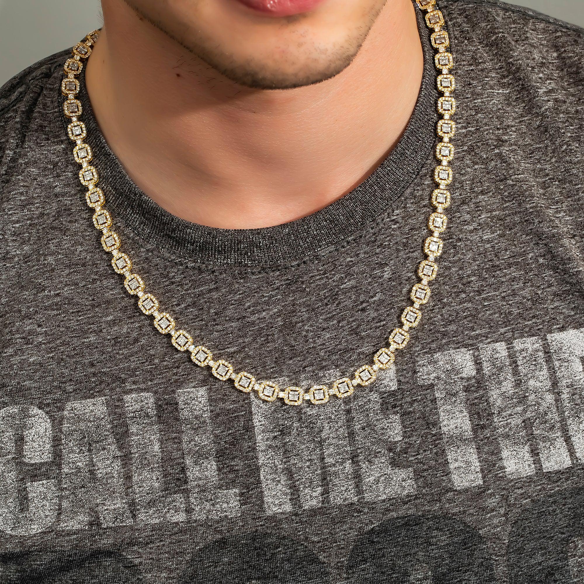 10K GOLD BAGUETTE AND ROUND CLUSTER DIAMOND SQUARE SHAPED CHAIN 12 CT