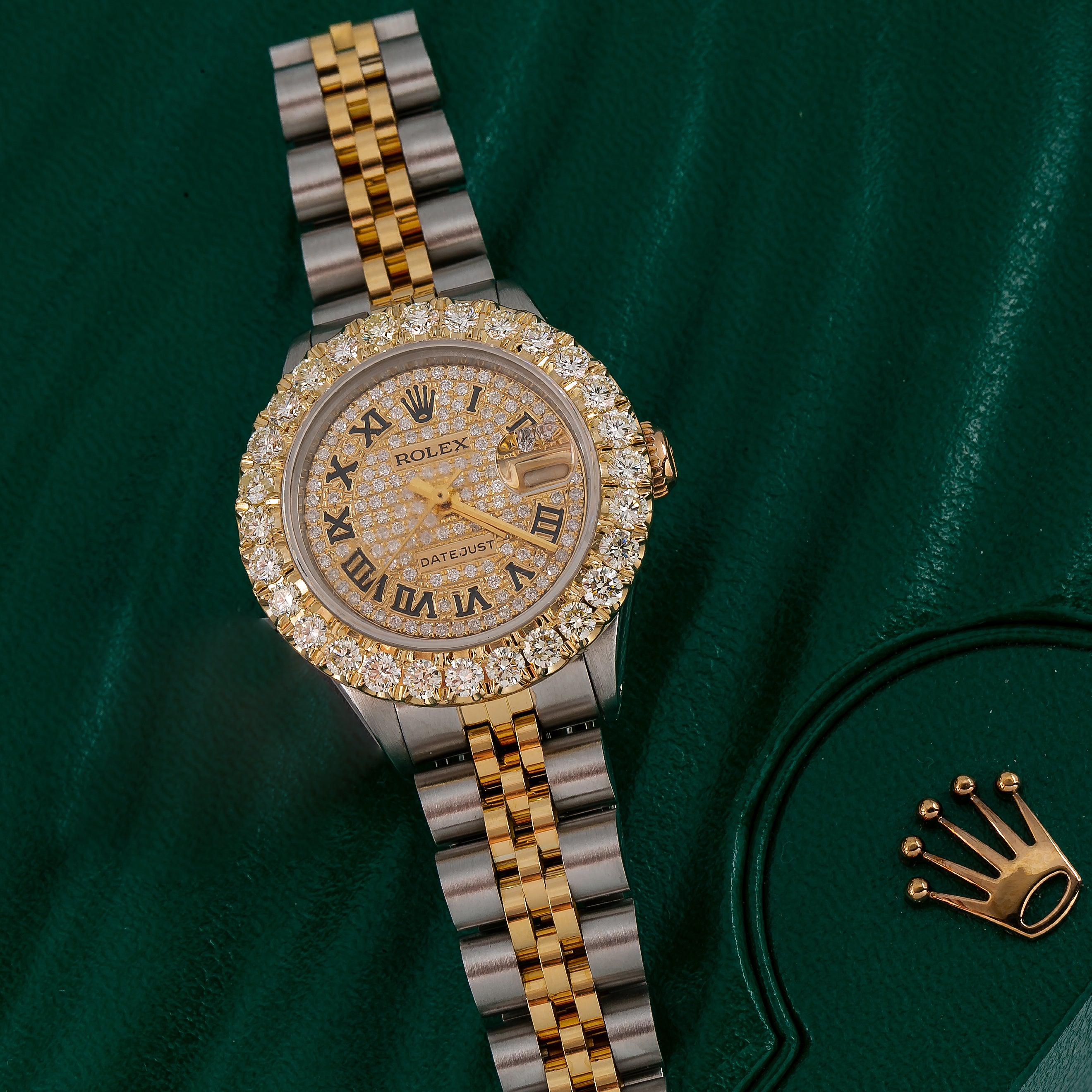 Rolex Datejust 26MM 69173 Diamond Paved Roman Dial Diamond Bezel Two Tone Yellow Gold Jubilee Bracelet