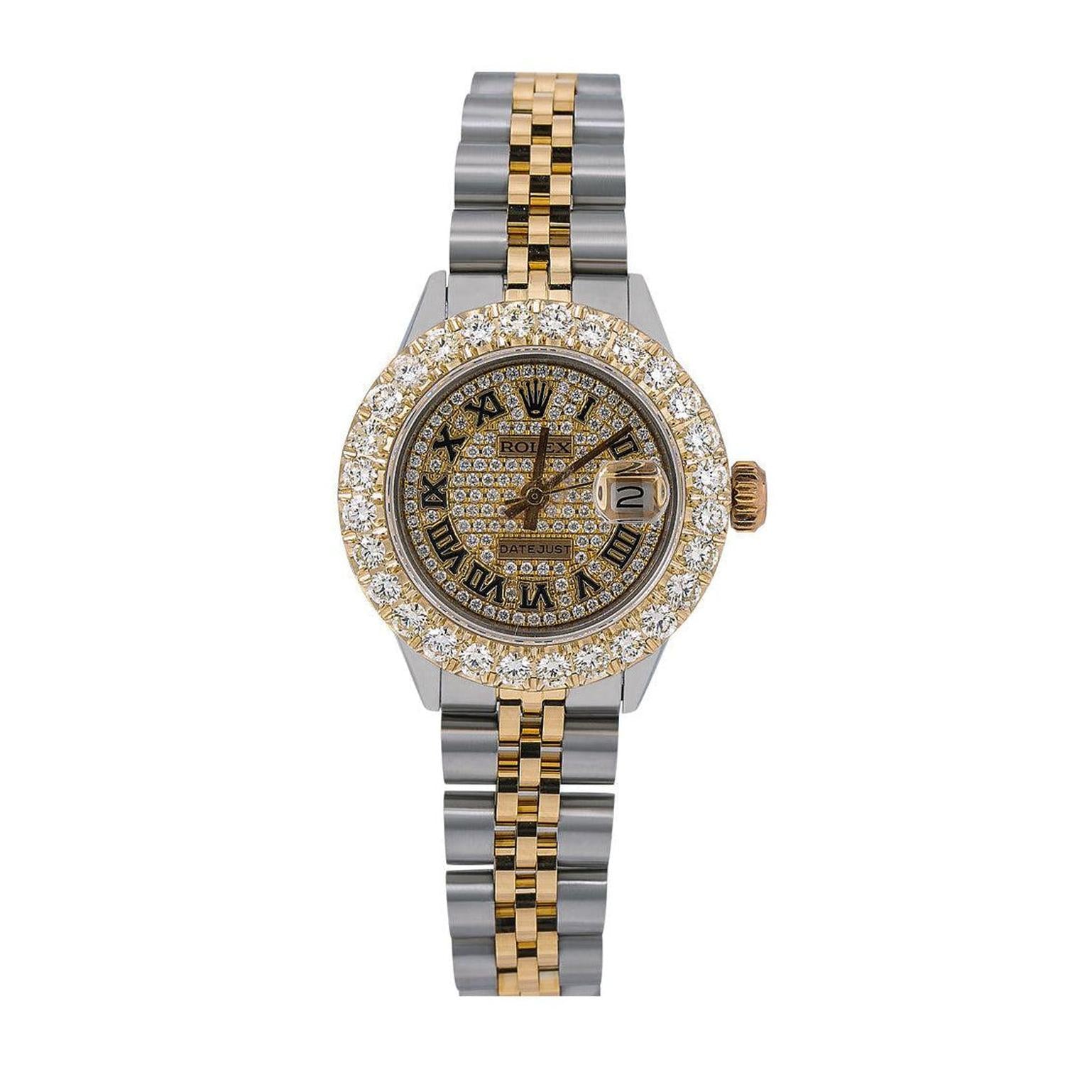 Rolex Datejust 26MM 69173 Diamond Paved Roman Dial Diamond Bezel Two Tone Jubilee Bracelet