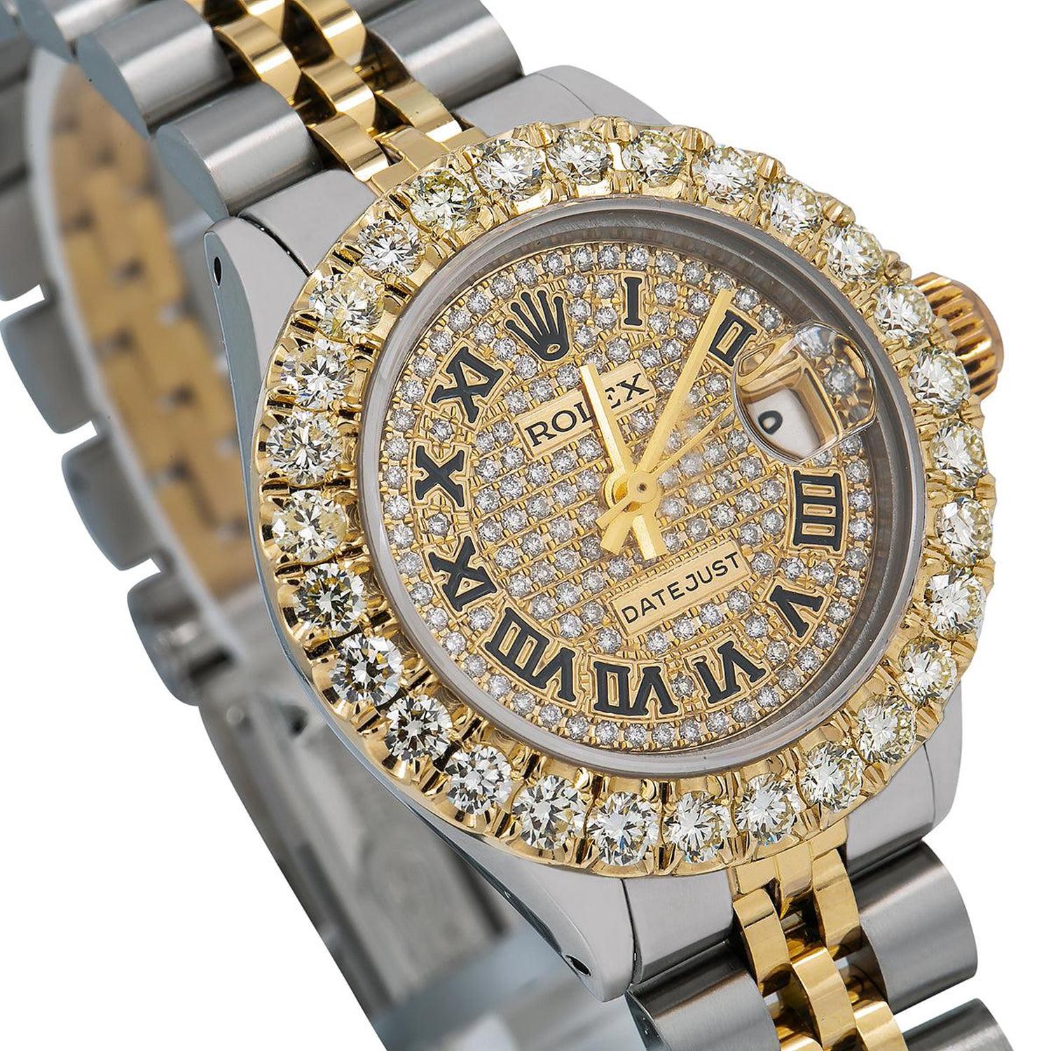 Rolex Datejust 26MM 69173 Diamond Paved Roman Dial Diamond Bezel Two Tone Yellow Gold Jubilee Bracelet