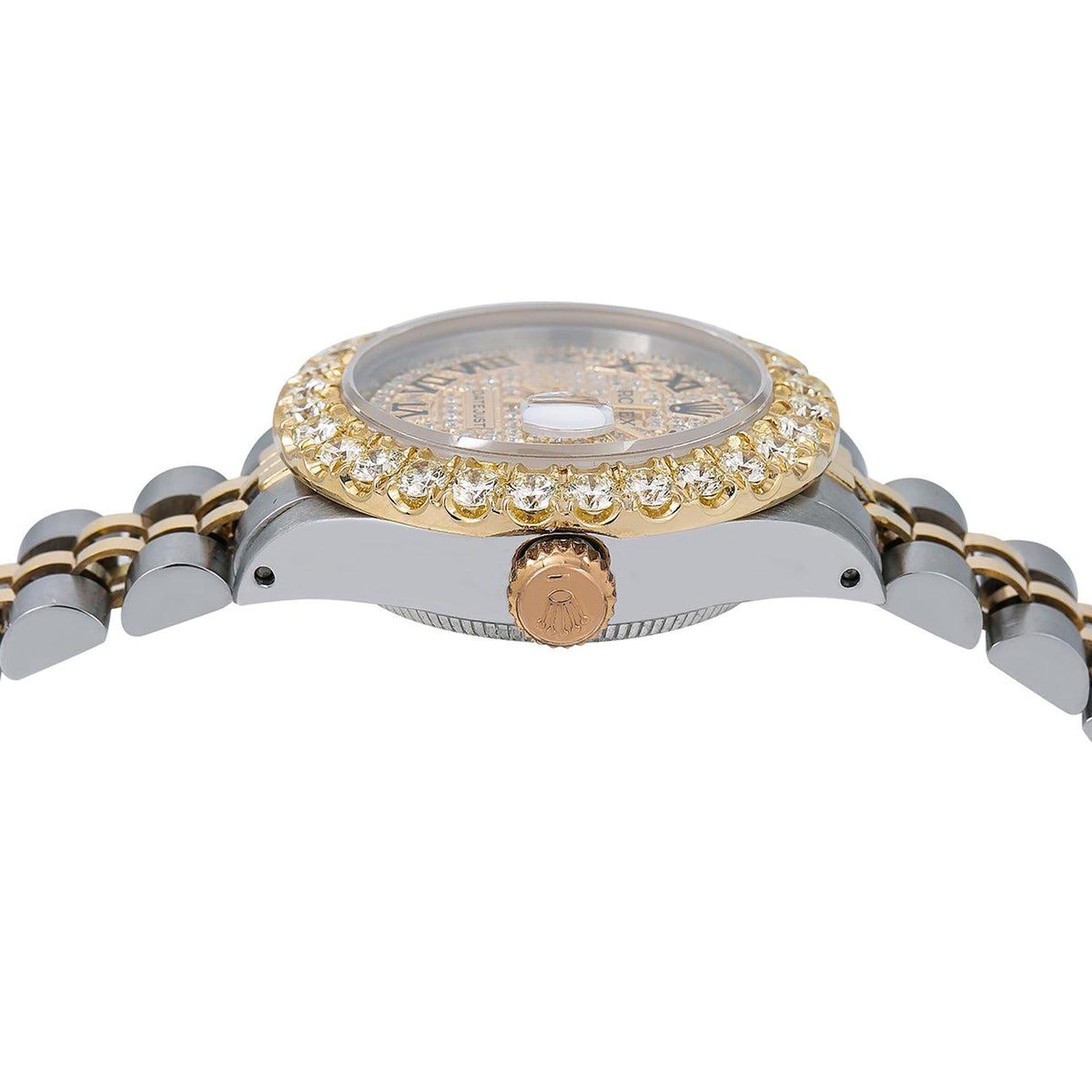 Rolex Datejust 26MM 69173 Diamond Paved Roman Dial Diamond Bezel Two Tone Yellow Gold Jubilee Bracelet