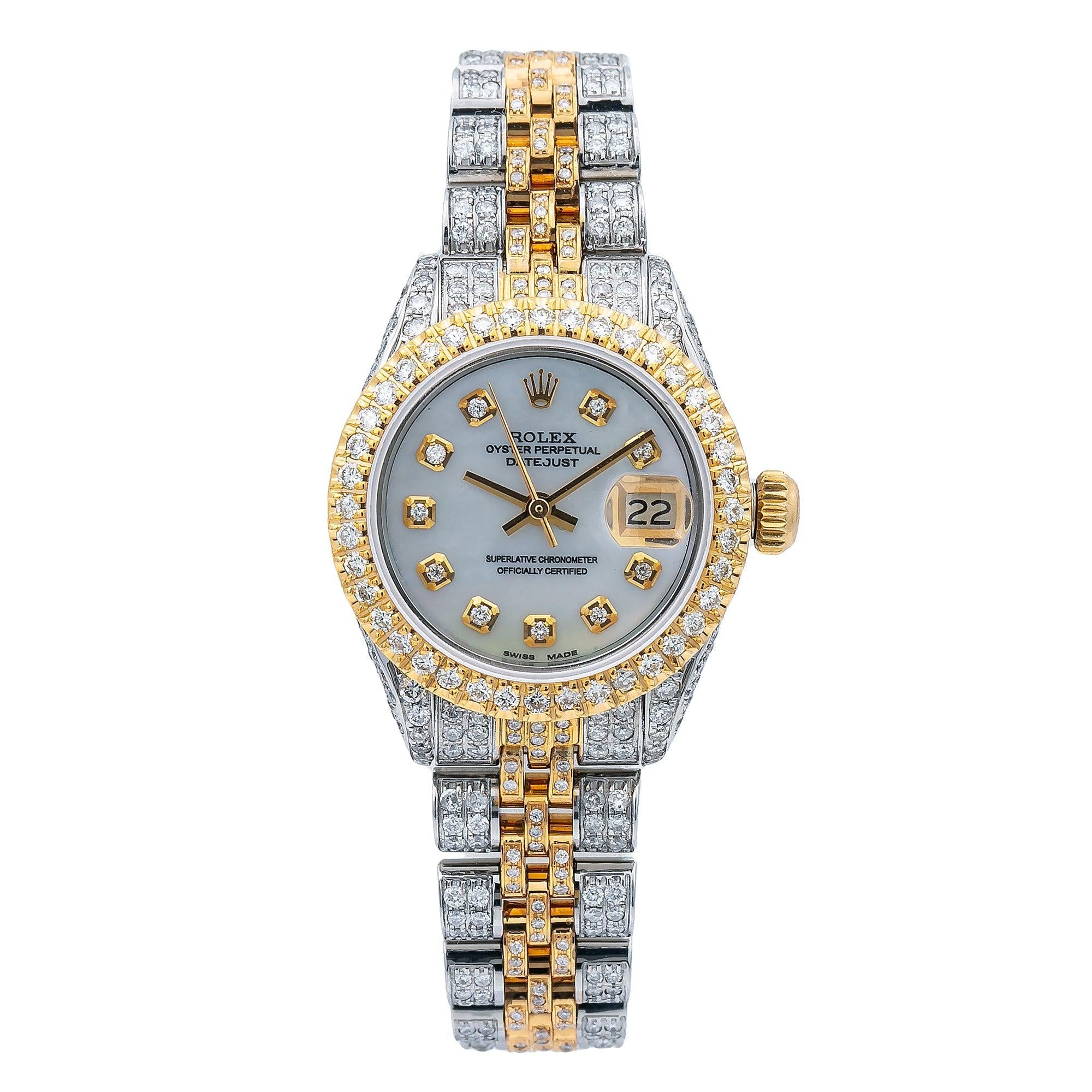 Rolex Datejust 26MM 69173 Mother of Pearl Diamond Dial Diamond Bezel Two Tone Full Diamond Jubilee Bracelet 5.75ct