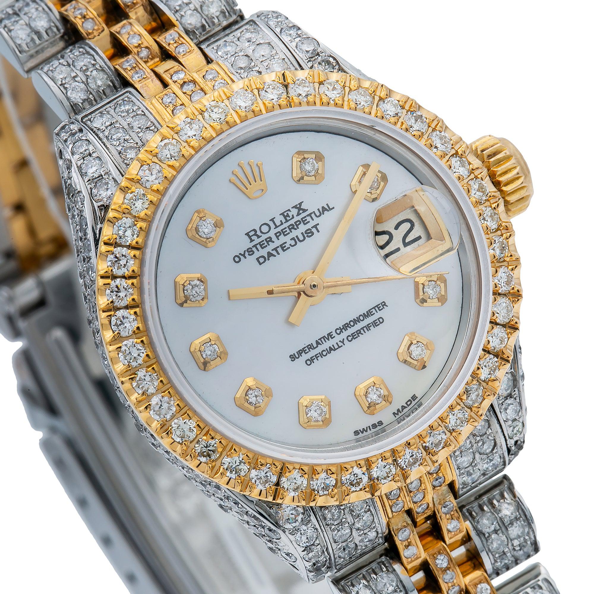 Rolex Datejust 26MM 69173 Mother of Pearl Diamond Dial Diamond Bezel Two Tone Yellow Gold Full Diamond Jubilee Bracelet 5.75ct