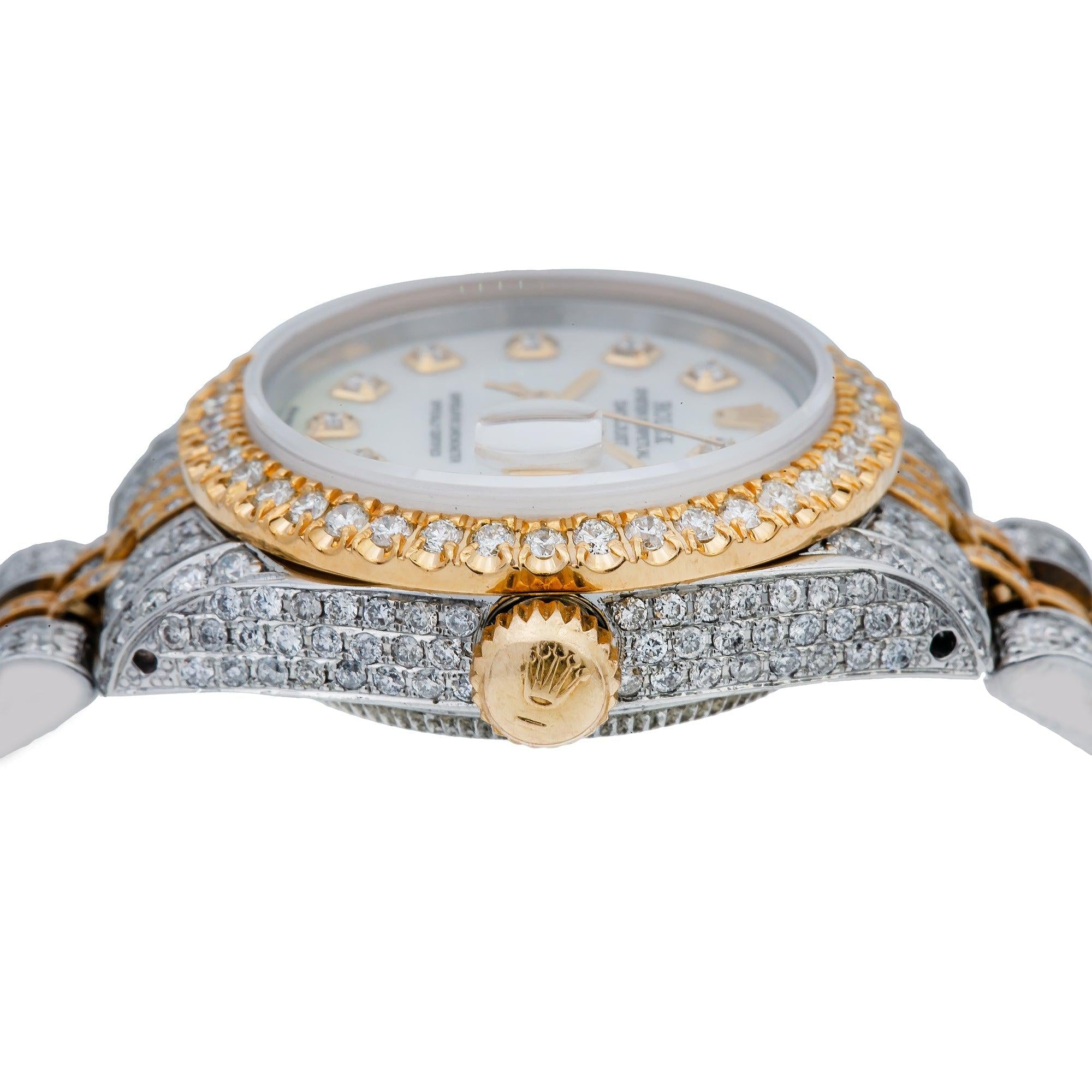 Rolex Datejust 26MM 69173 Mother of Pearl Diamond Dial Diamond Bezel Two Tone Yellow Gold Full Diamond Jubilee Bracelet 5.75ct