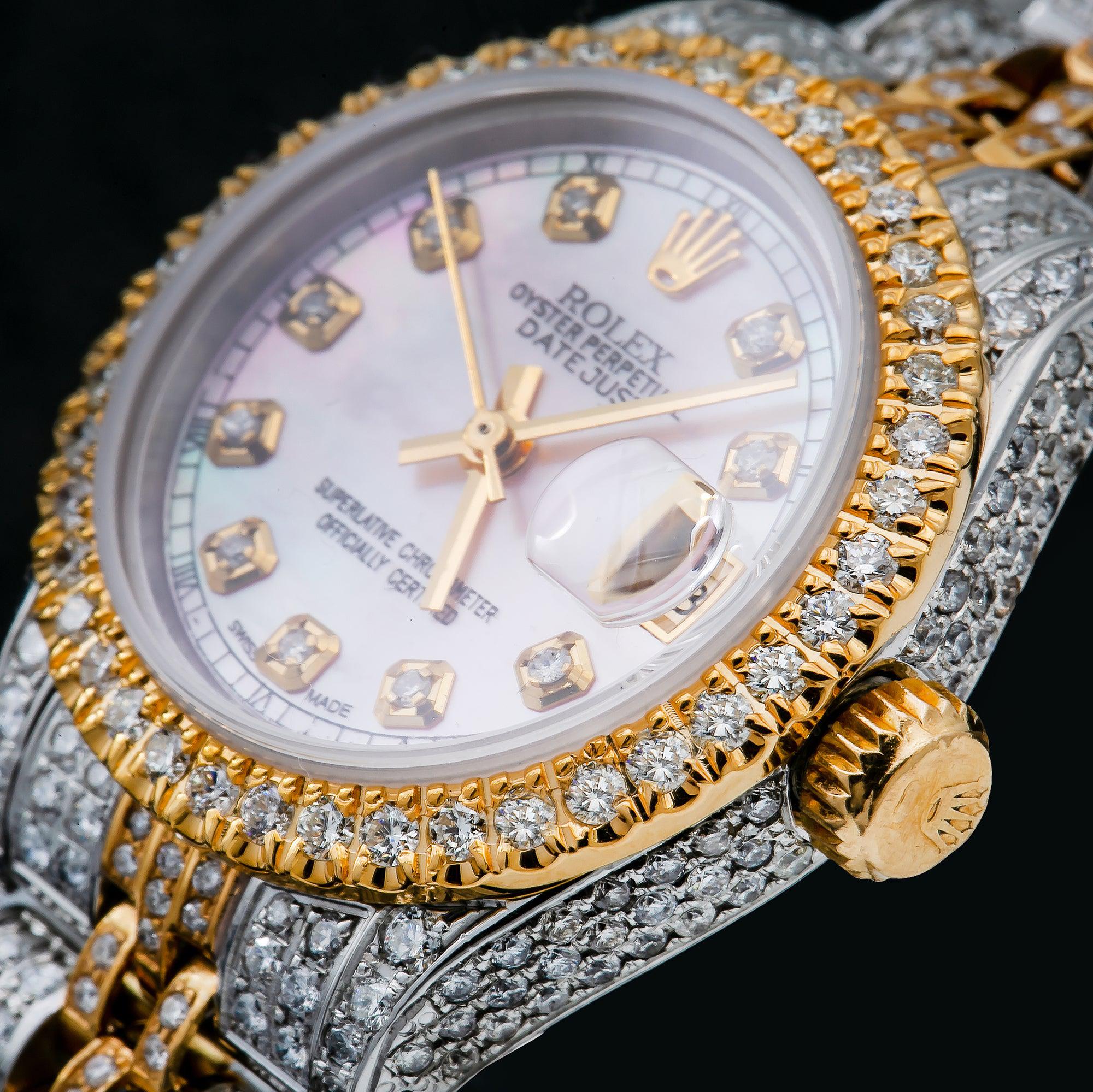 Rolex Datejust 26MM 69173 Pink Mother of Pearl Diamond Dial Diamond Bezel Two Tone Yellow Gold Full Diamond Jubilee Bracelet 5.75ct