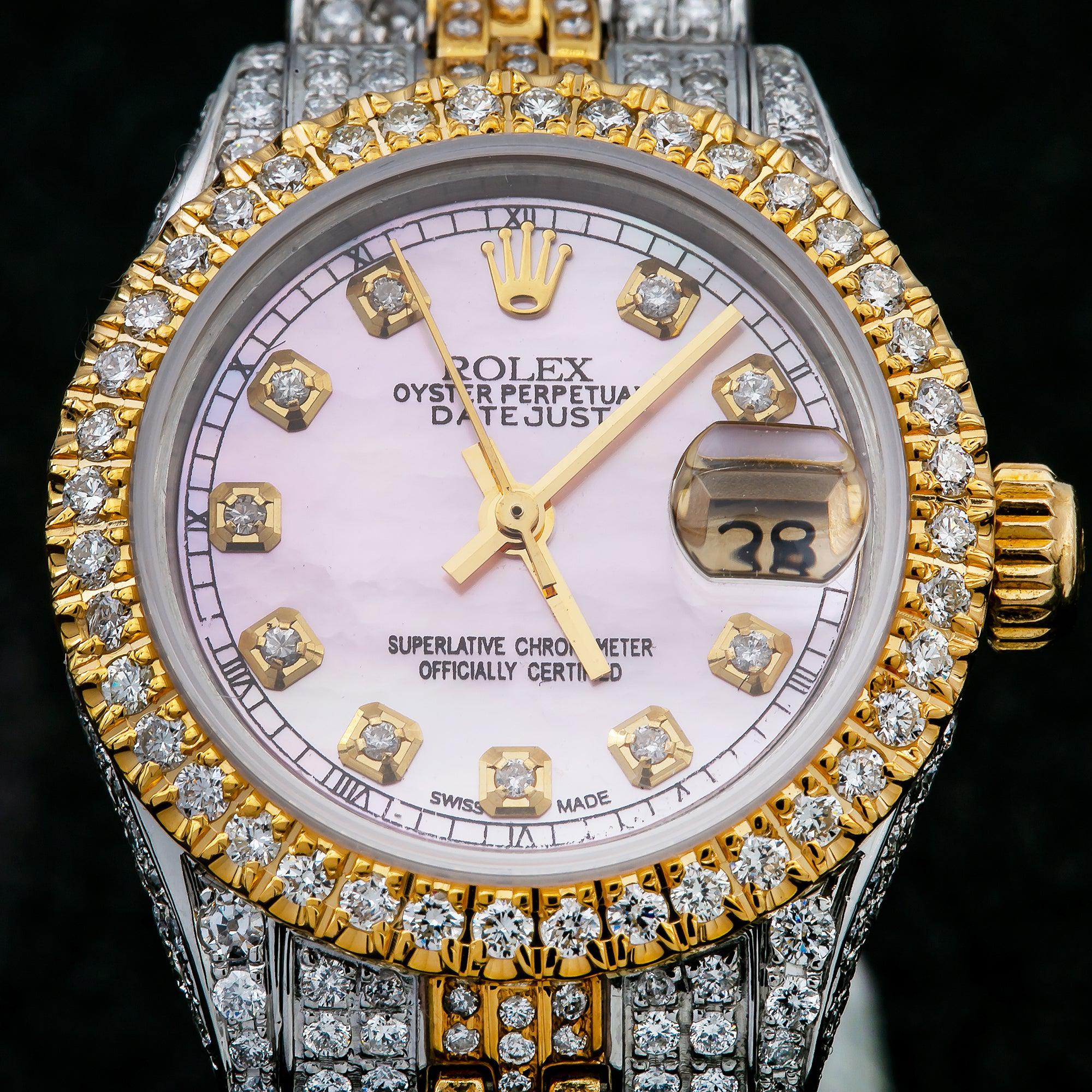 Rolex Datejust 26MM 69173 Pink Mother of Pearl Diamond Dial Diamond Bezel Two Tone Yellow Gold Full Diamond Jubilee Bracelet 5.75ct