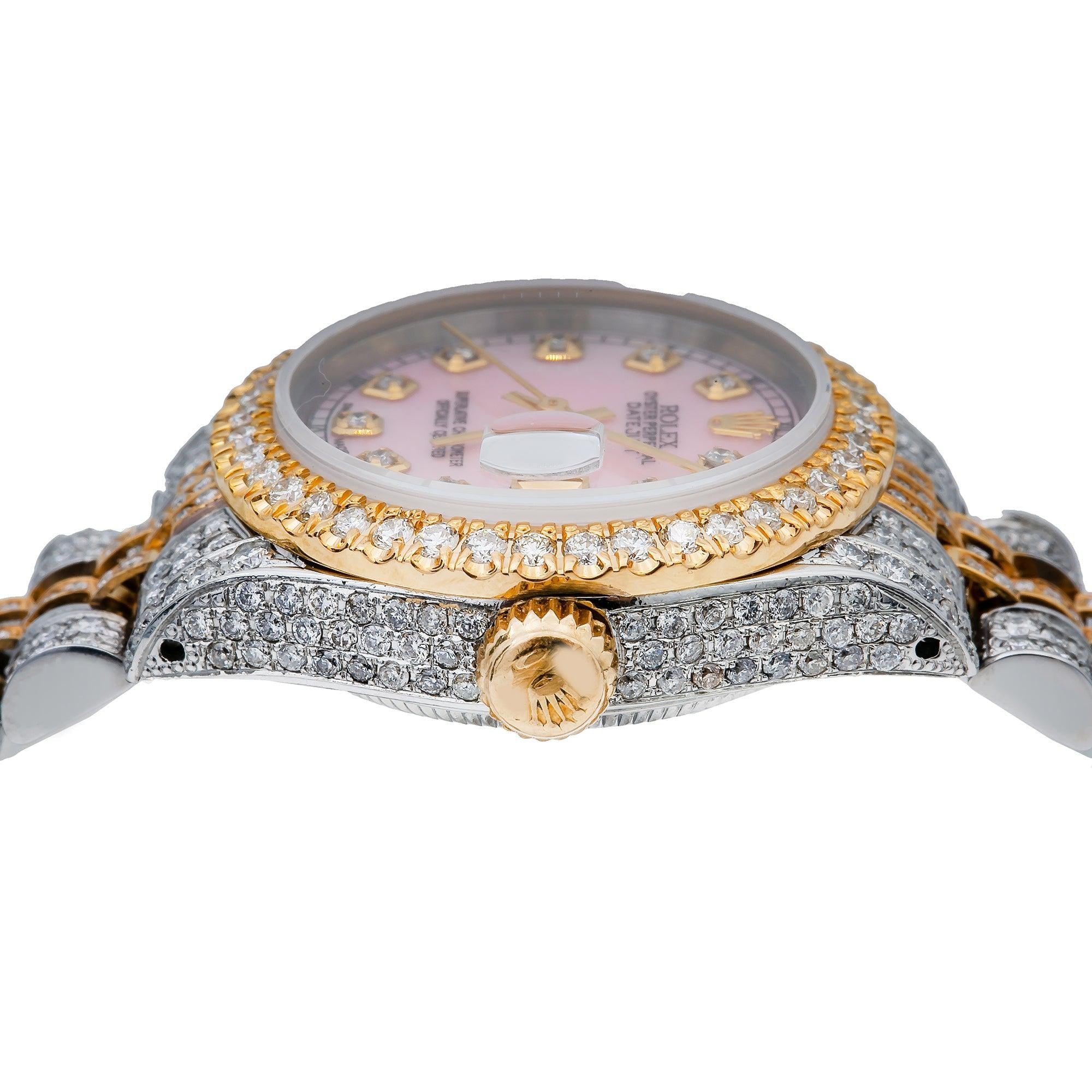 Rolex Datejust 26MM 69173 Pink Mother of Pearl Diamond Dial Diamond Bezel Two Tone Yellow Gold Full Diamond Jubilee Bracelet 5.75ct