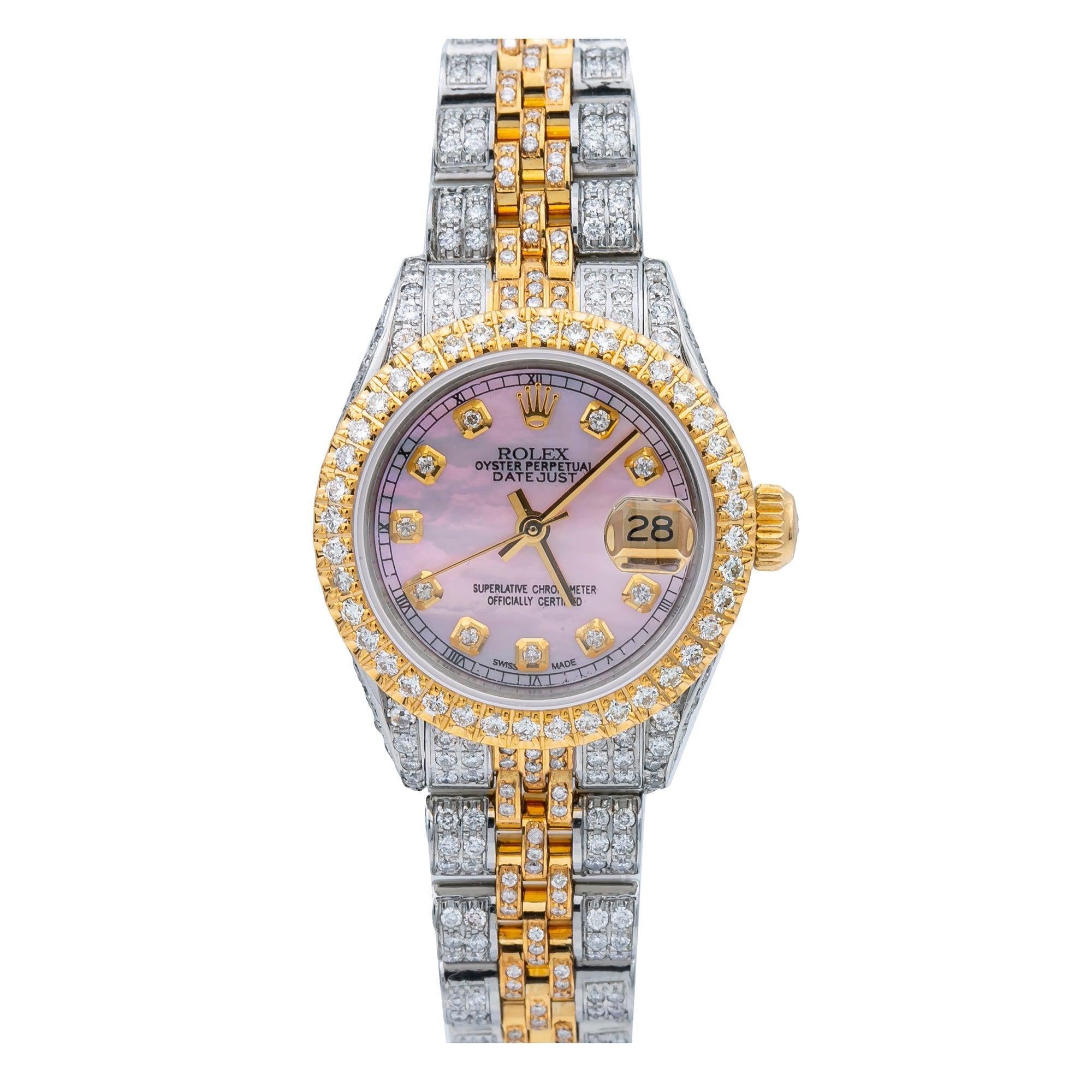 Rolex Datejust 26MM 69173 Pink Mother of Pearl Diamond Dial Diamond Bezel Two Tone Full Diamond Jubilee Bracelet 5.75ct