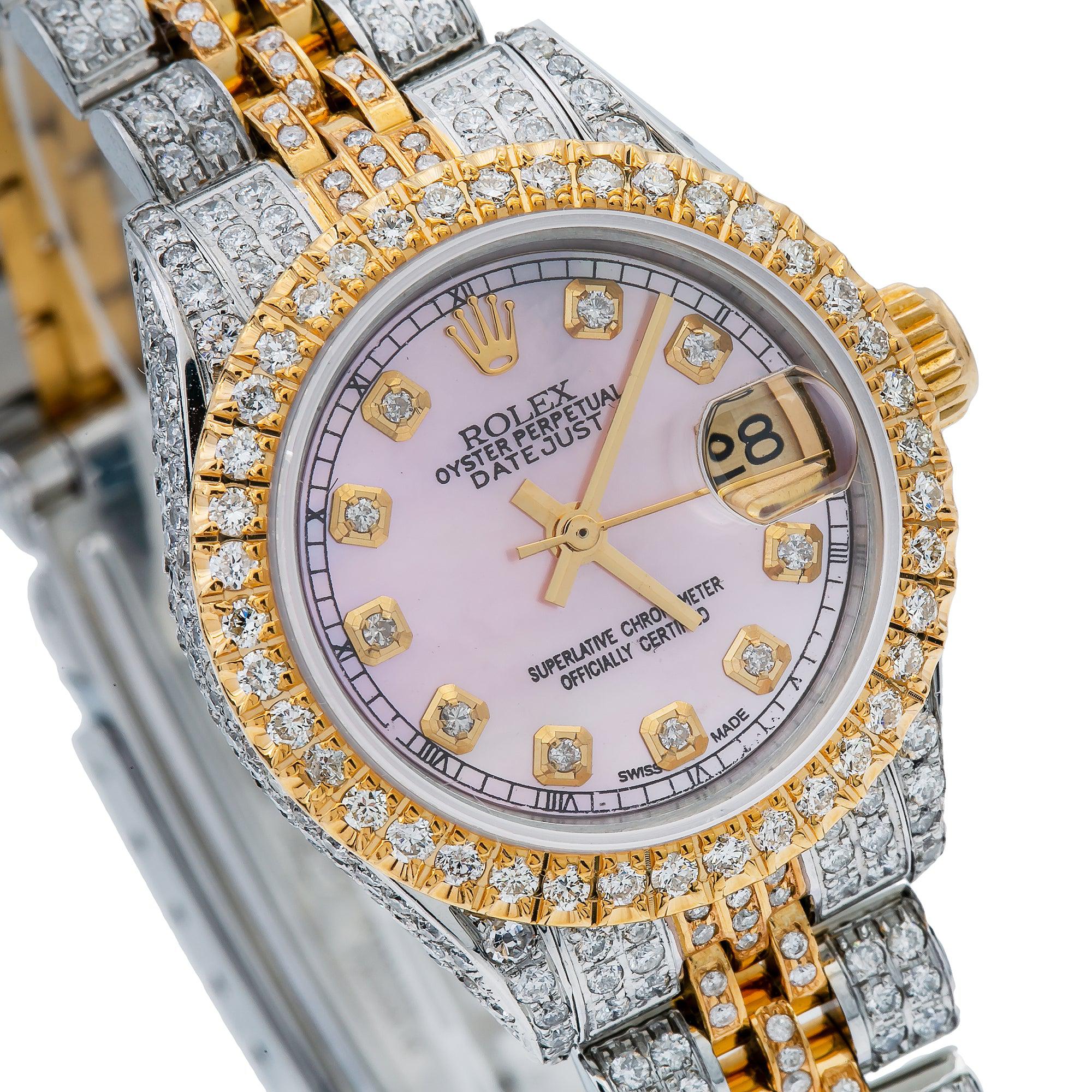 Rolex Datejust 26MM 69173 Pink Mother of Pearl Diamond Dial Diamond Bezel Two Tone Yellow Gold Full Diamond Jubilee Bracelet 5.75ct