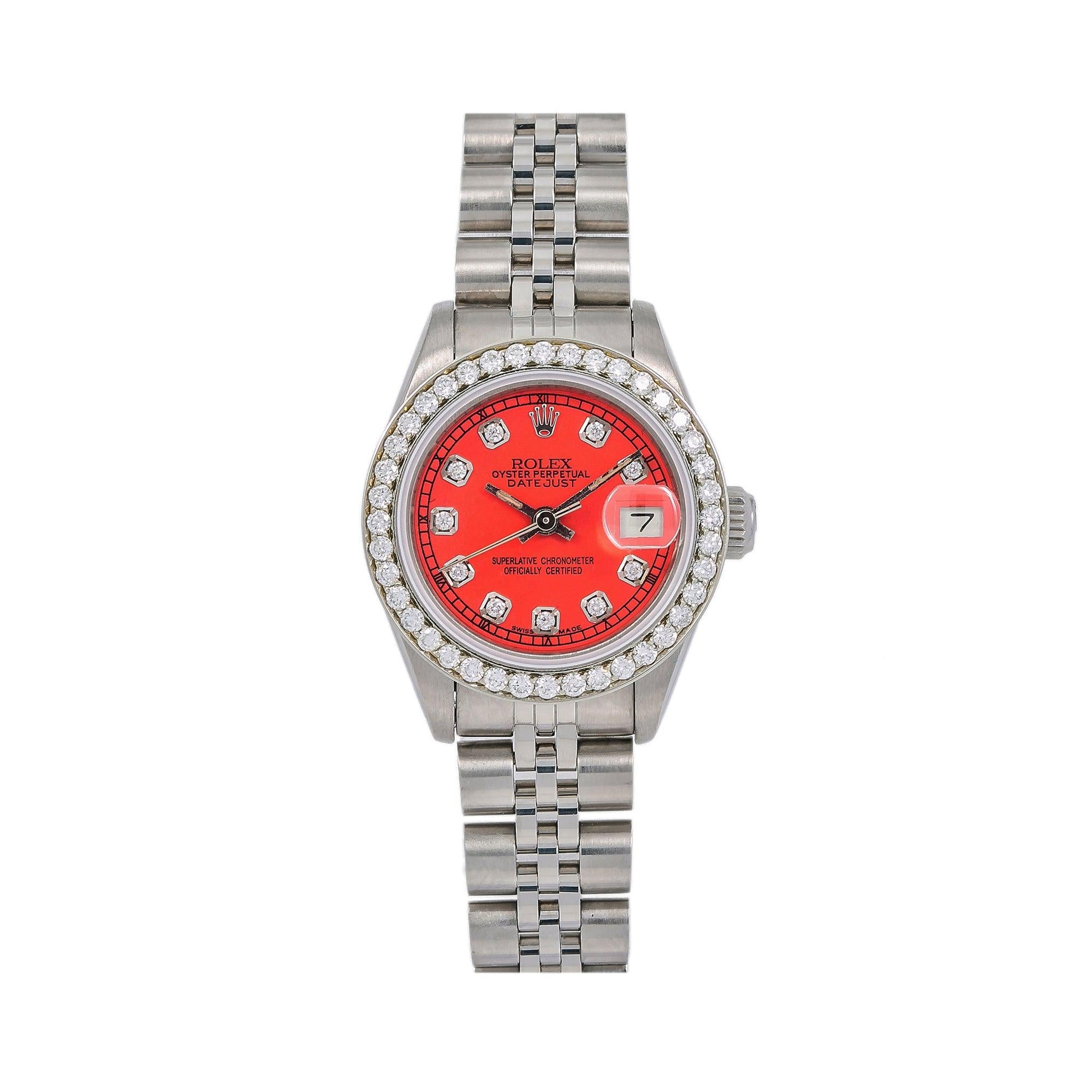 Rolex Datejust 26MM 6917 Red Diamond Dial Diamond Bezel Stainless Steel Jubilee Bracelet