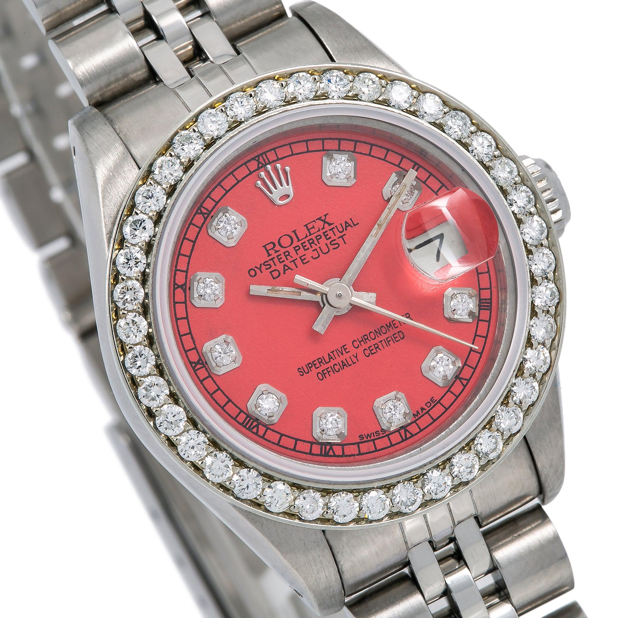 Rolex Datejust 26MM 6917 Red Diamond Dial Diamond Bezel Stainless Steel Jubilee Bracelet